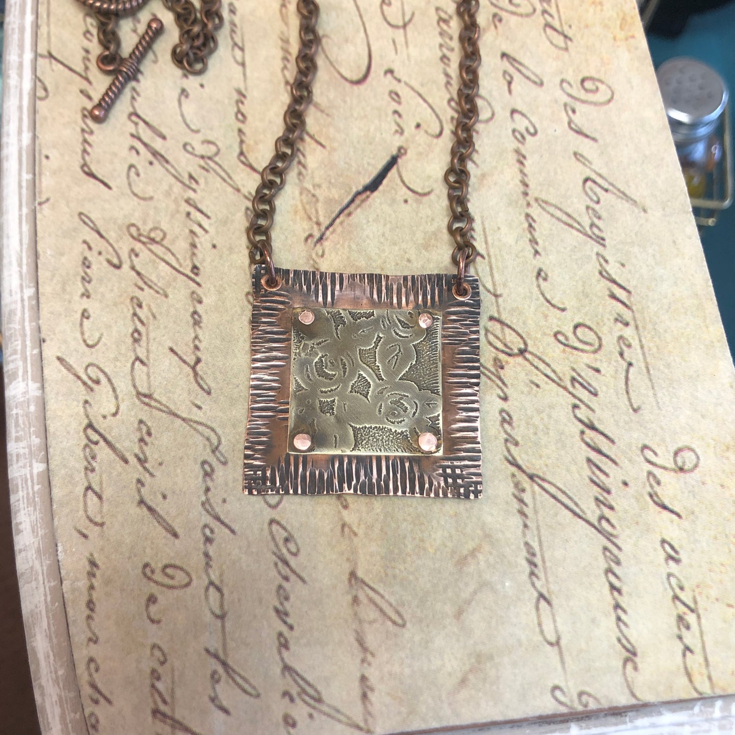 Forged Copper, Etched Brass, Riveted Necklace