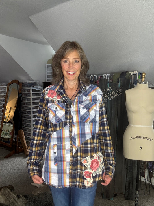 Up-Cycled Flannel Shirt, Blue, Orange, White, Yellow, Women's Size L, JCrew Flannel