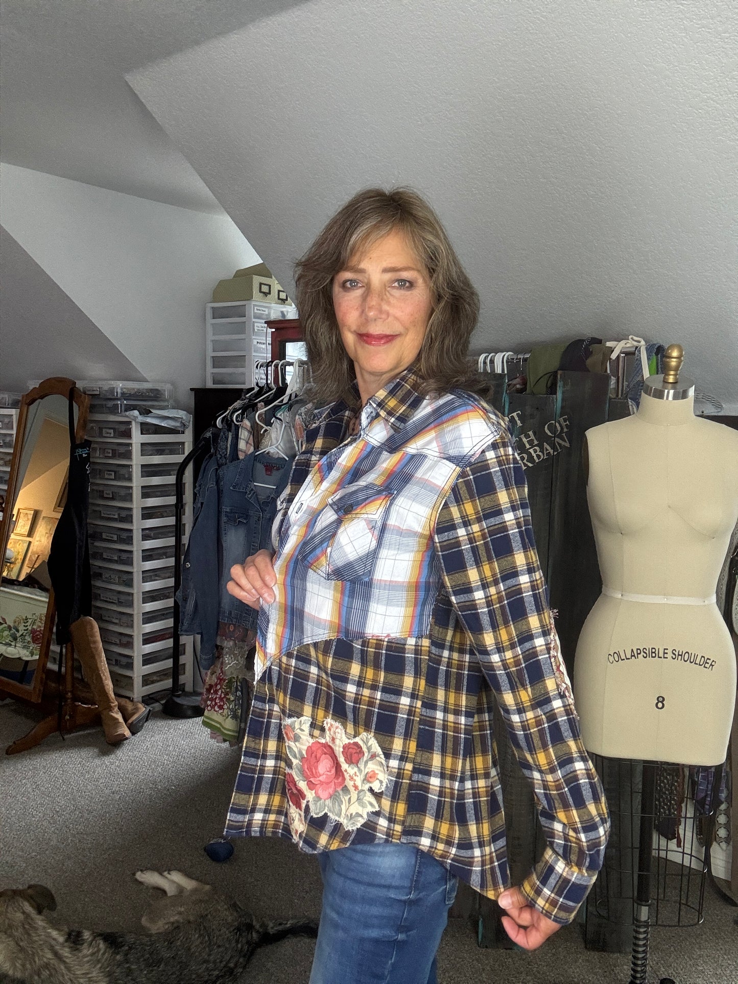 Up-Cycled Flannel Shirt, Blue, Orange, White, Yellow, Women's Size L, JCrew Flannel