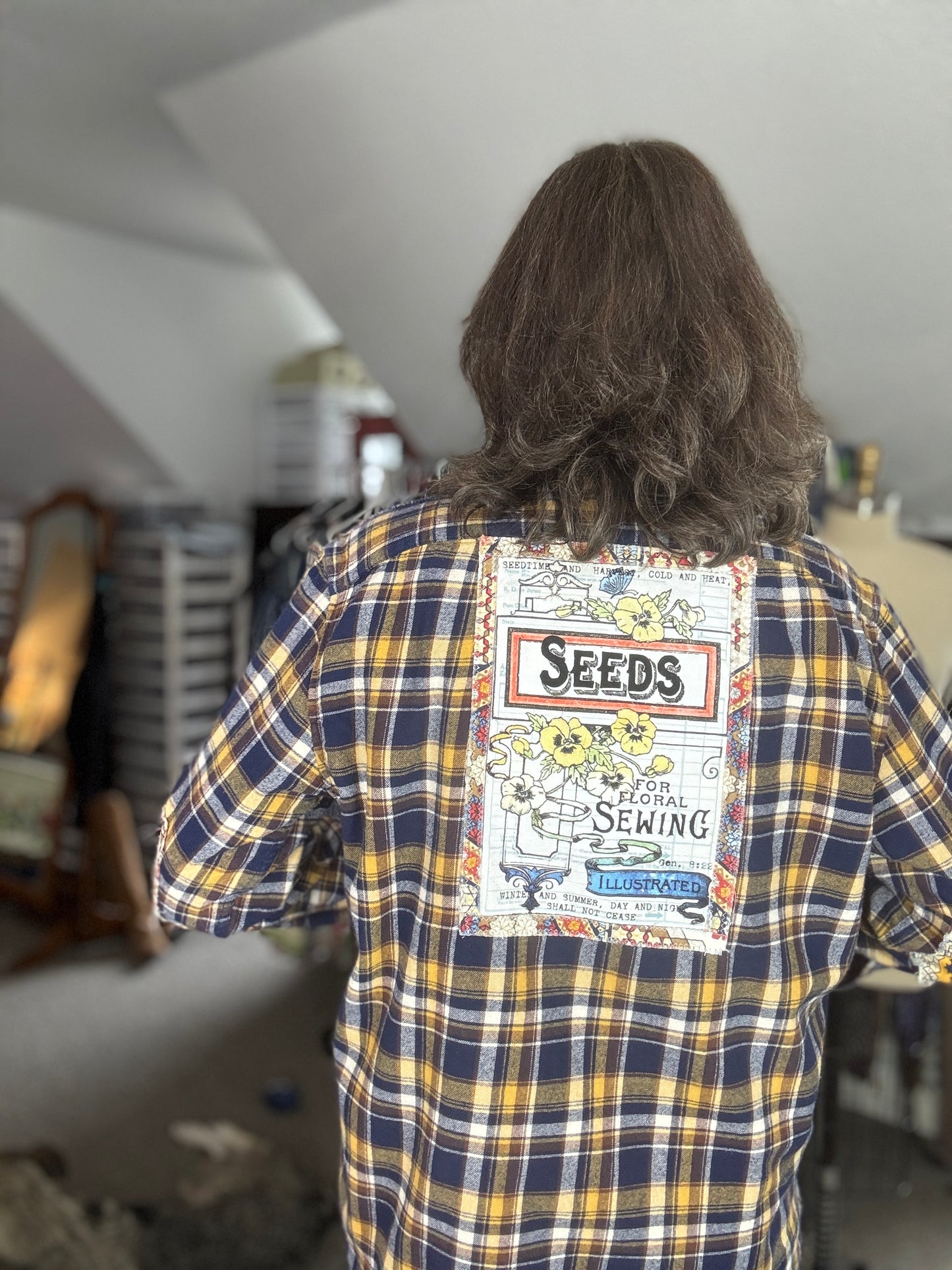 Up-Cycled Flannel Shirt, Blue, Orange, White, Yellow, Women's Size L, JCrew Flannel