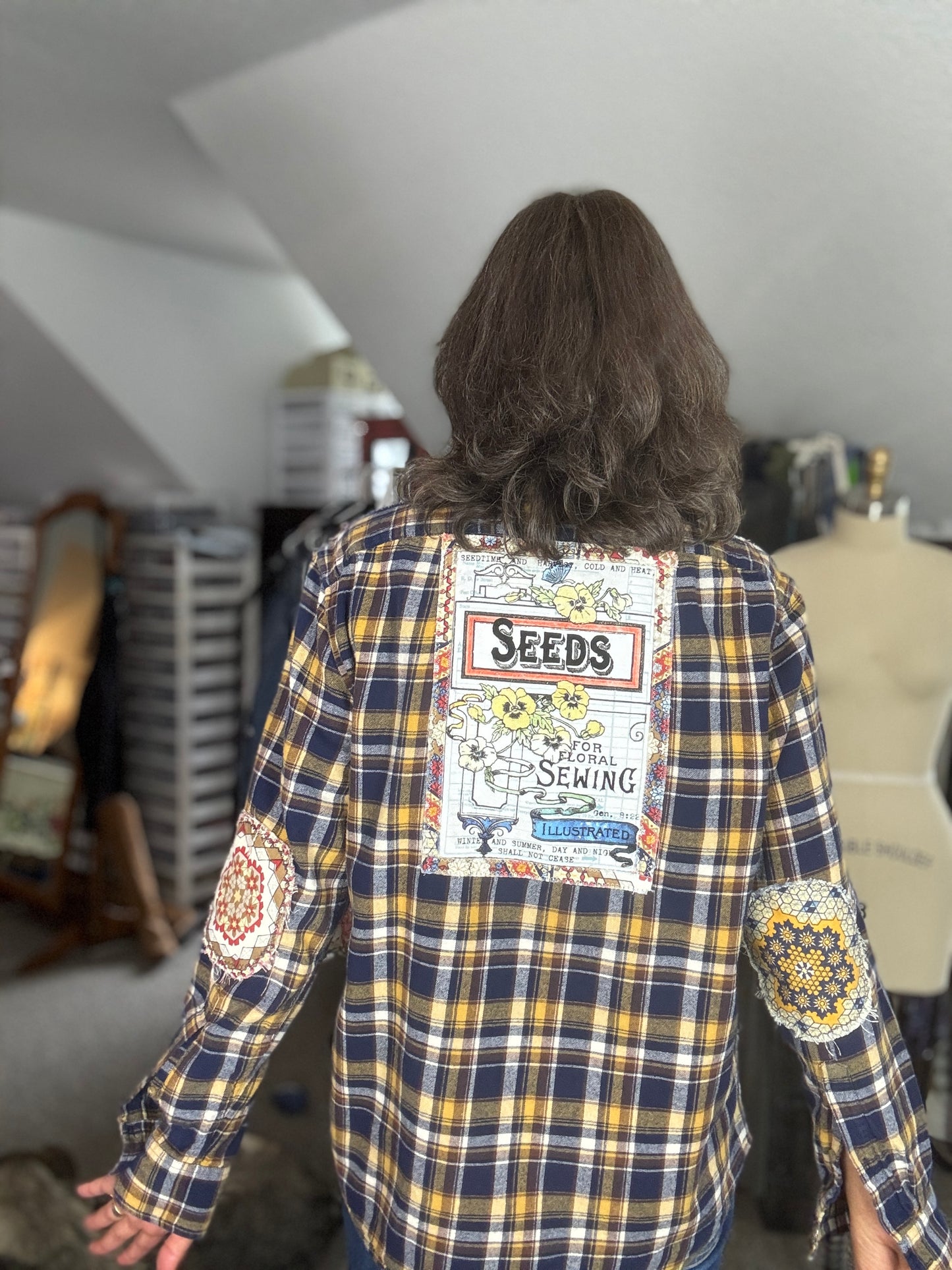 Up-Cycled Flannel Shirt, Blue, Orange, White, Yellow, Women's Size L, JCrew Flannel