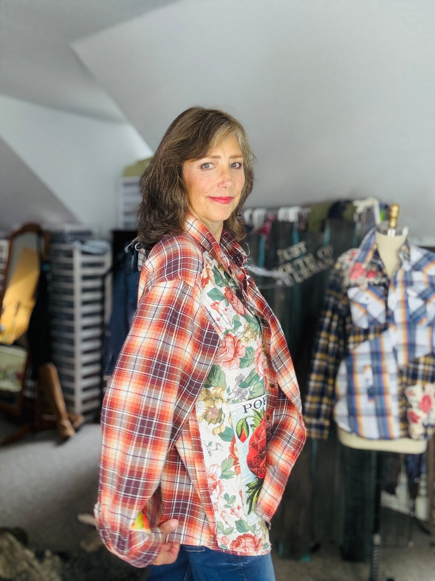 Up-cycled Flannel Shirt, Womens Size XXL, Orange, Brown, Floral and Lace