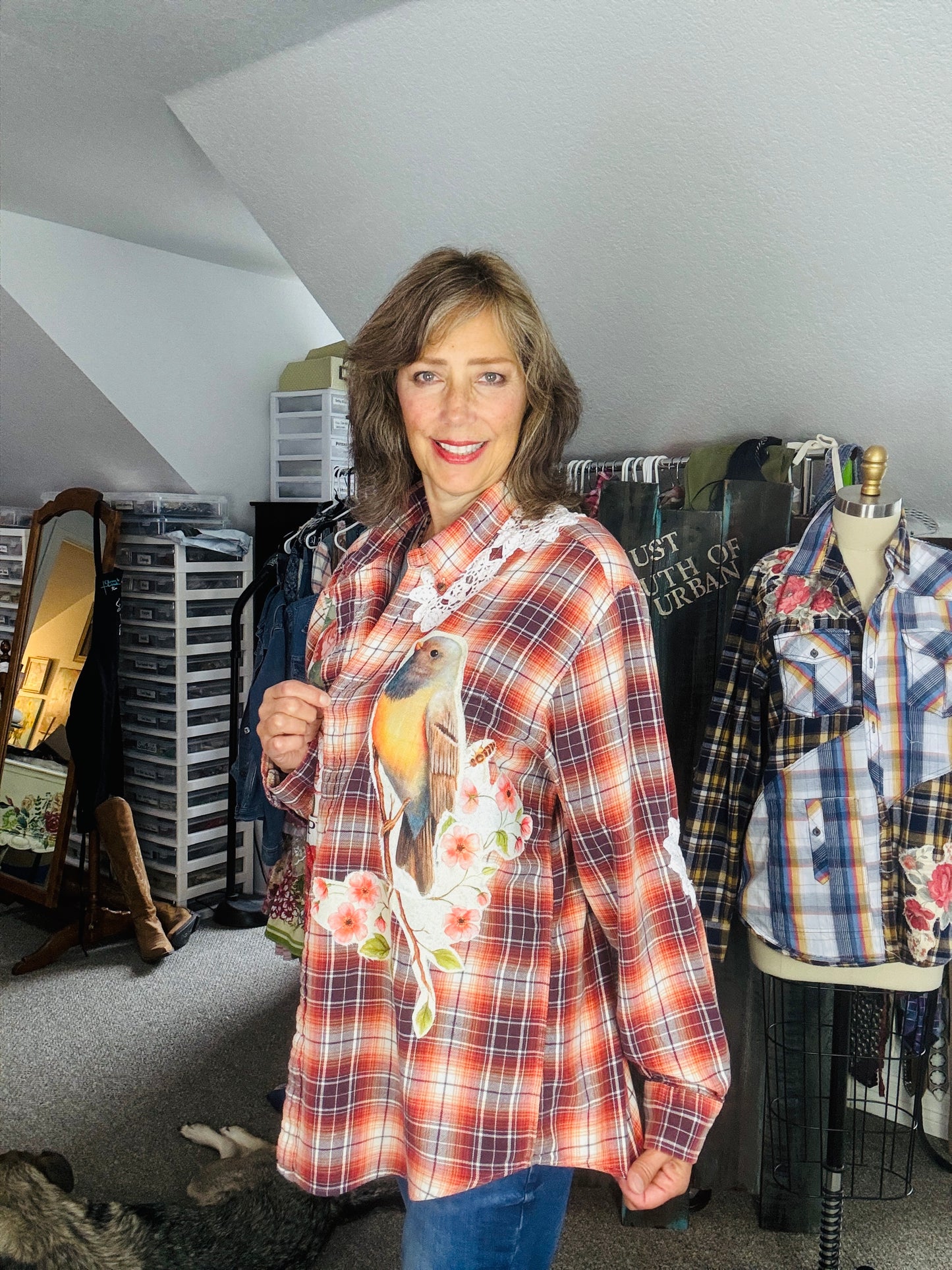 Up-cycled Flannel Shirt, Womens Size XXL, Orange, Brown, Floral and Lace