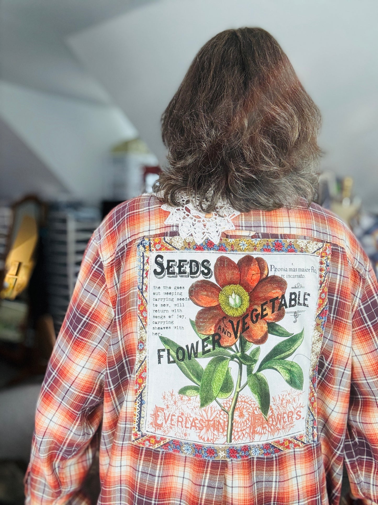 Up-cycled Flannel Shirt, Womens Size XXL, Orange, Brown, Floral and Lace