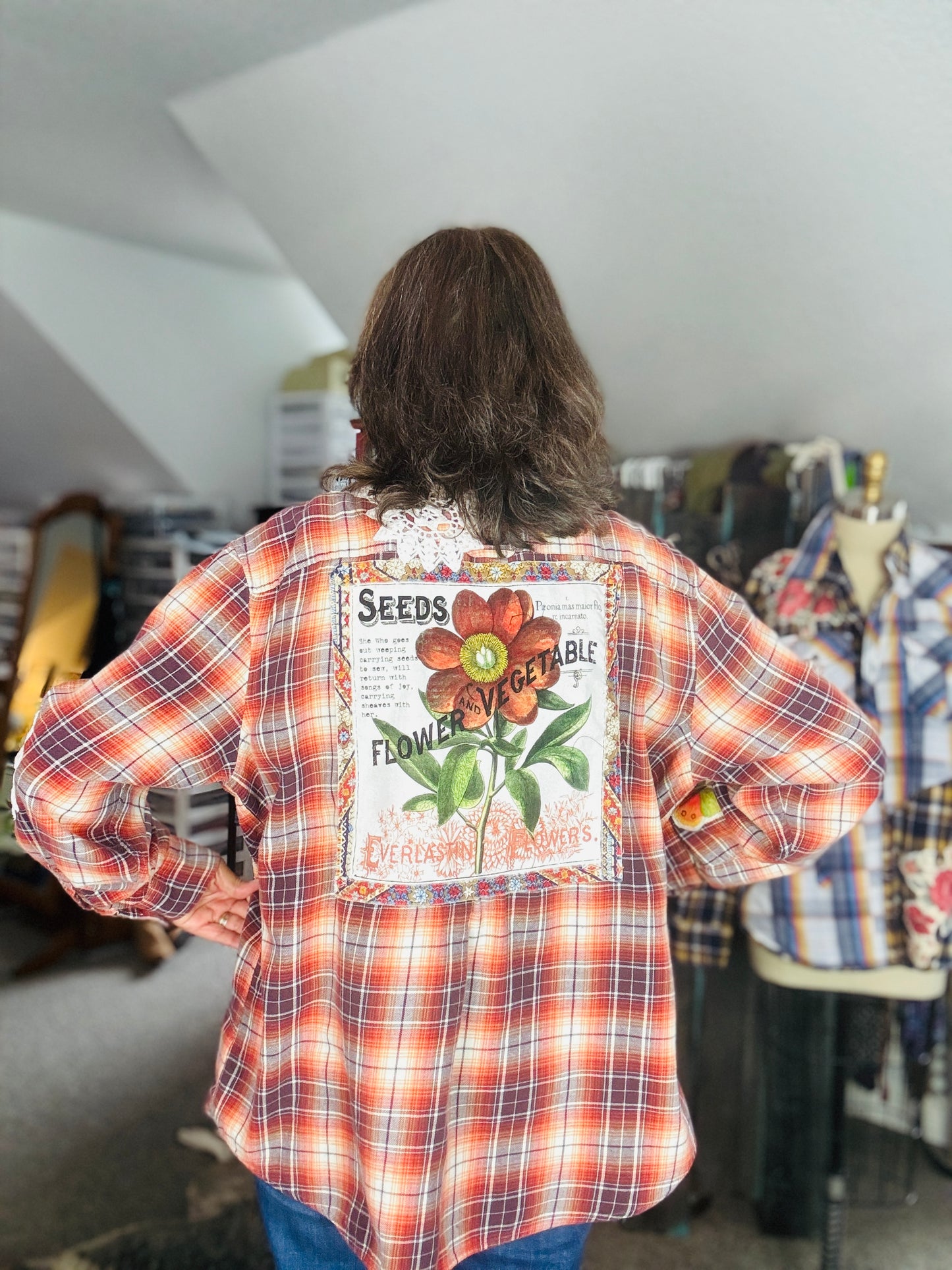 Up-cycled Flannel Shirt, Womens Size XXL, Orange, Brown, Floral and Lace