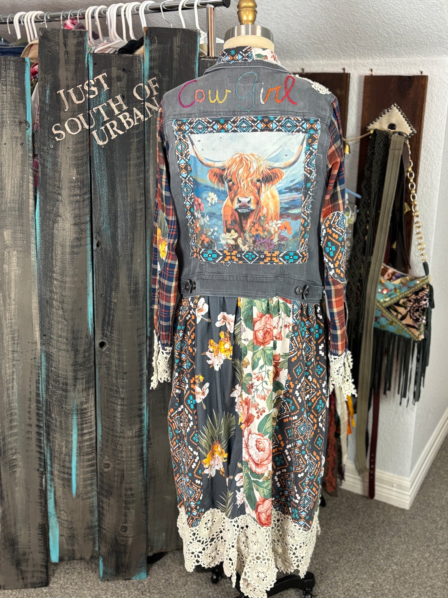 Up-Cycled Denim Jacket, Denim Duster, Long, Highland Cow Applique', Ruffles