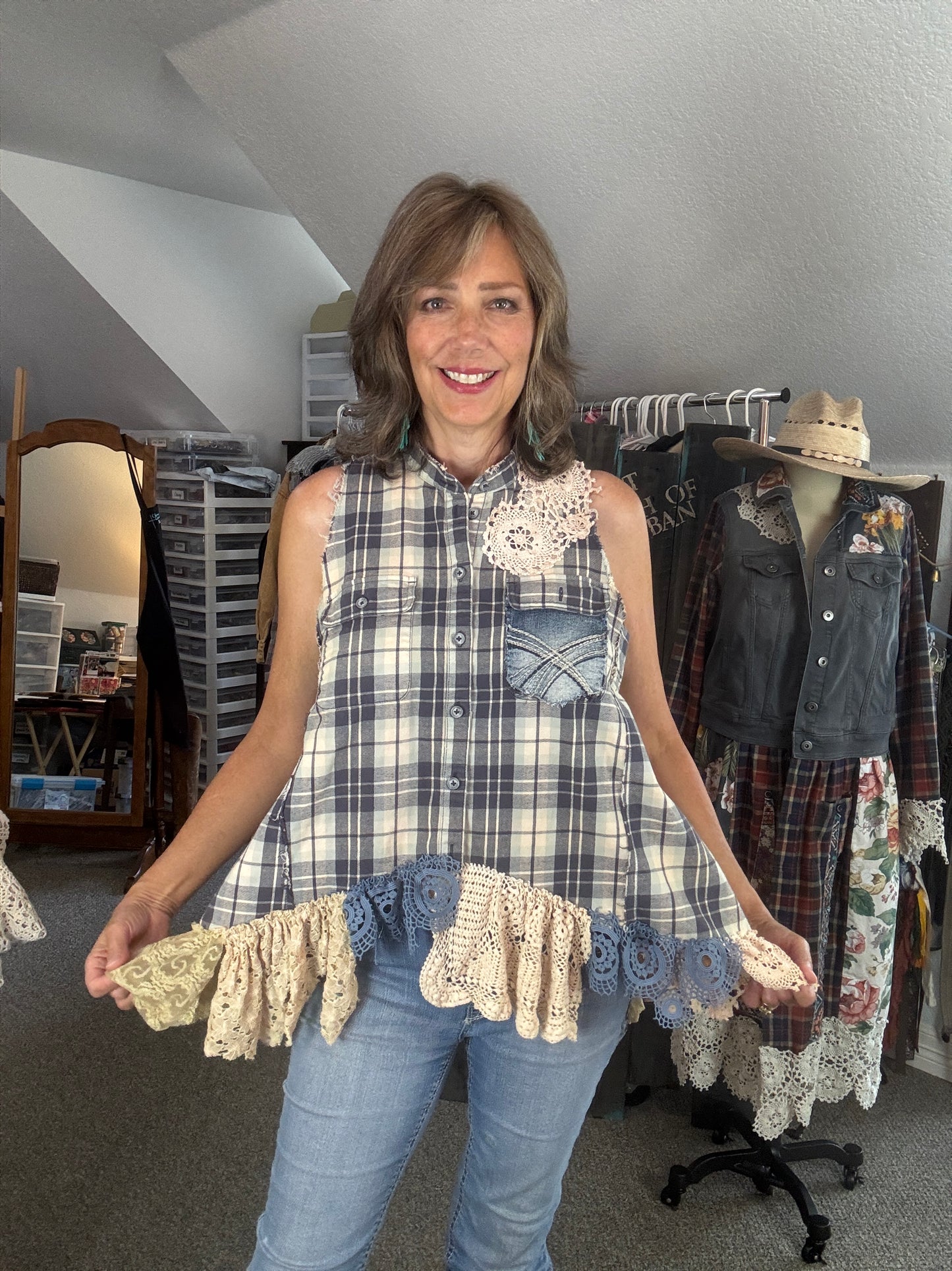 Boho Country Flannel Vest, Blue, Route 66, Women's Medium to Large