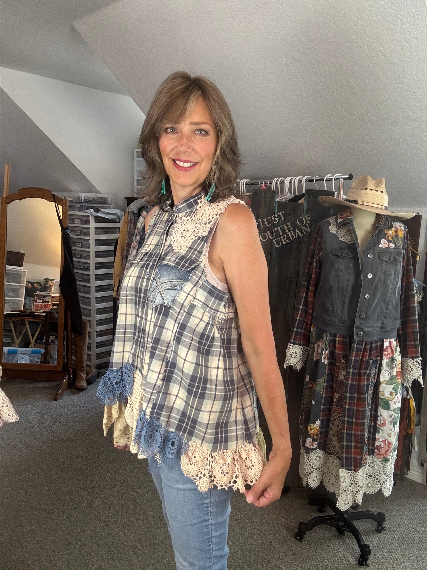 Boho Country Flannel Vest, Blue, Route 66, Women's Medium to Large