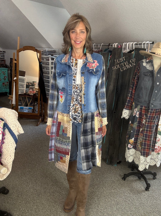 Up-Cycled Denim Jacket, Short to Long, Denim Duster, Farm Country Style, Size Medium
