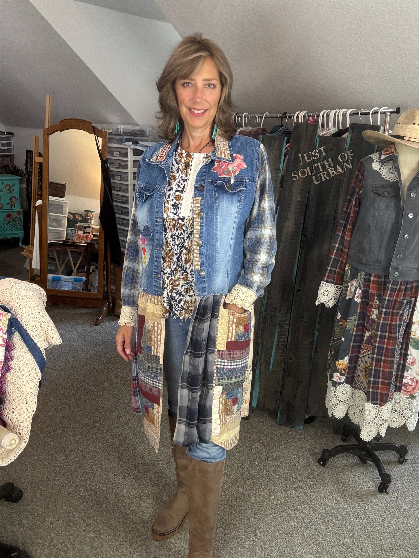 Up-Cycled Denim Jacket, Short to Long, Denim Duster, Farm Country Style, Size Medium