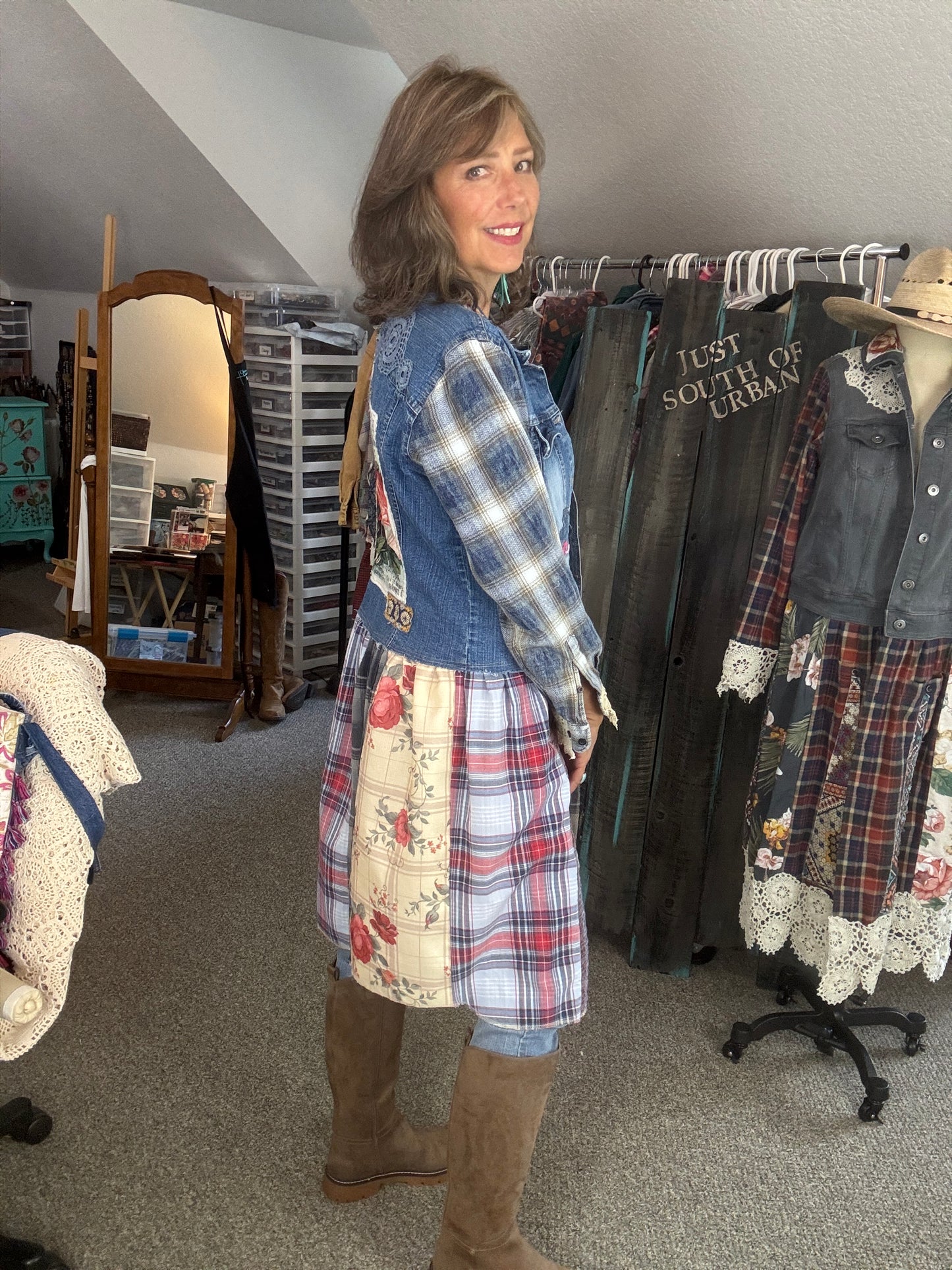 Up-Cycled Denim Jacket, Short to Long, Denim Duster, Farm Country Style, Size Medium