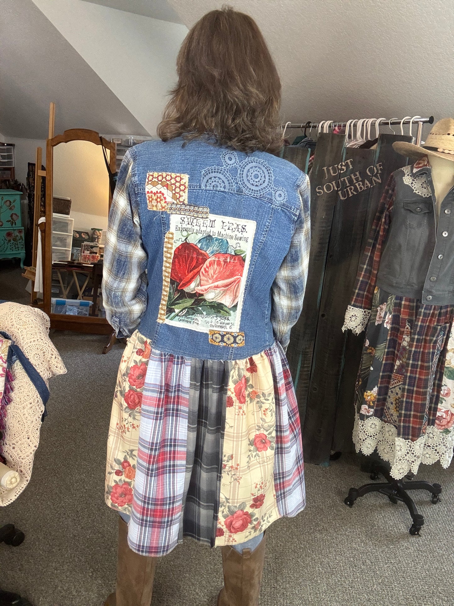 Up-Cycled Denim Jacket, Short to Long, Denim Duster, Farm Country Style, Size Medium