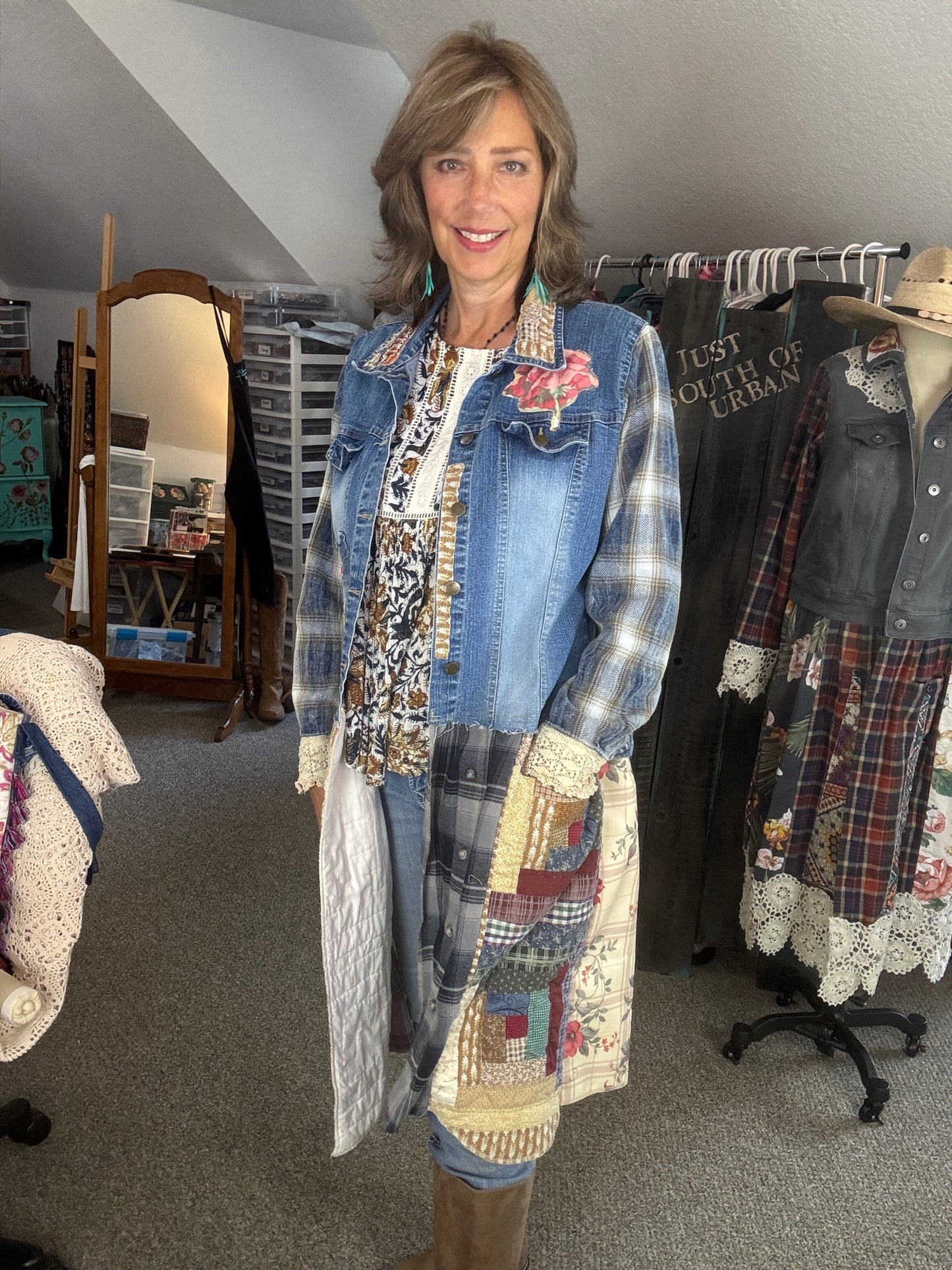 Up-Cycled Denim Jacket, Short to Long, Denim Duster, Farm Country Style, Size Medium