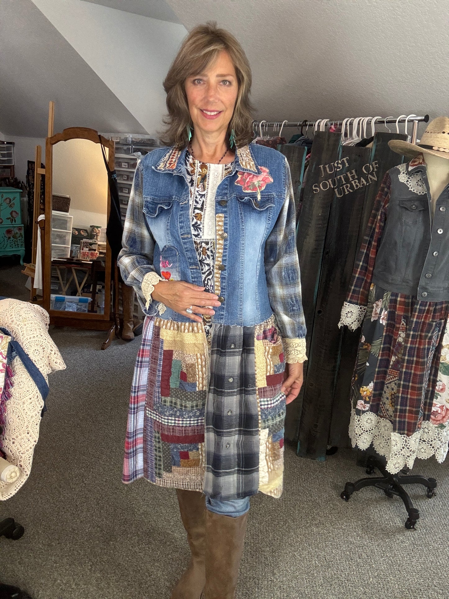 Up-Cycled Denim Jacket, Short to Long, Denim Duster, Farm Country Style, Size Medium