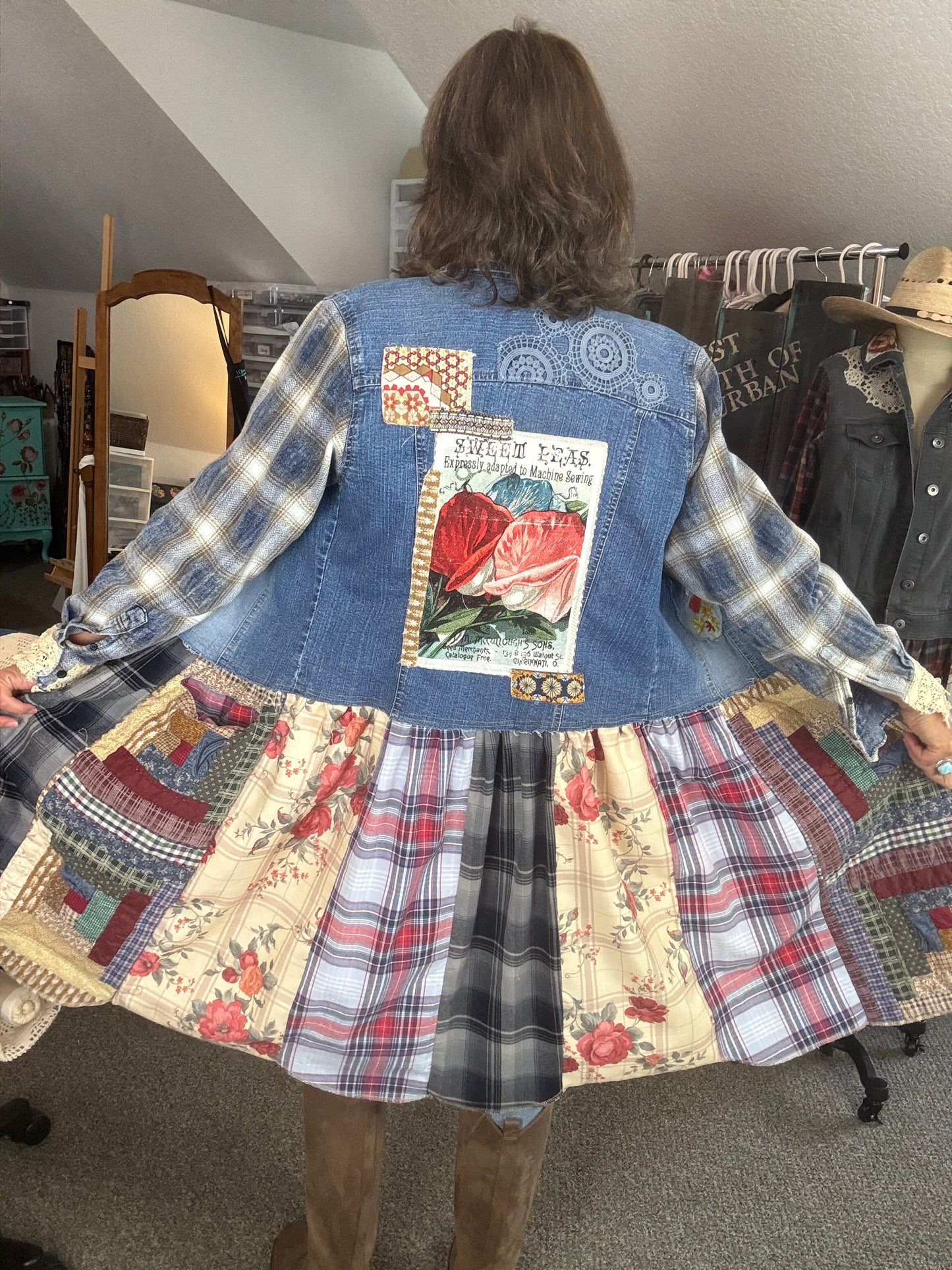 Up-Cycled Denim Jacket, Short to Long, Denim Duster, Farm Country Style, Size Medium