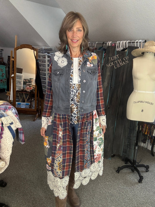 Up-Cycled Denim Jacket, Denim Duster, Long, Highland Cow Applique', Ruffles