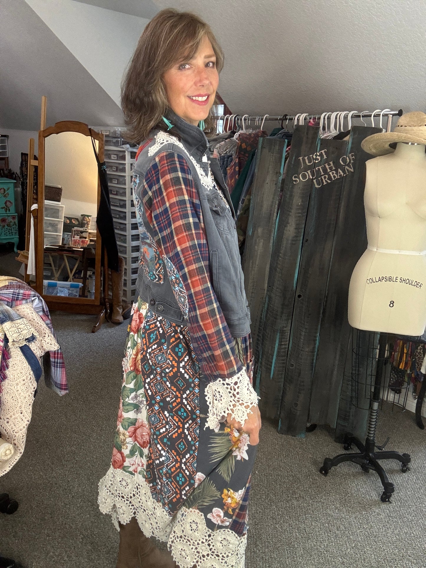 Up-Cycled Denim Jacket, Denim Duster, Long, Highland Cow Applique', Ruffles