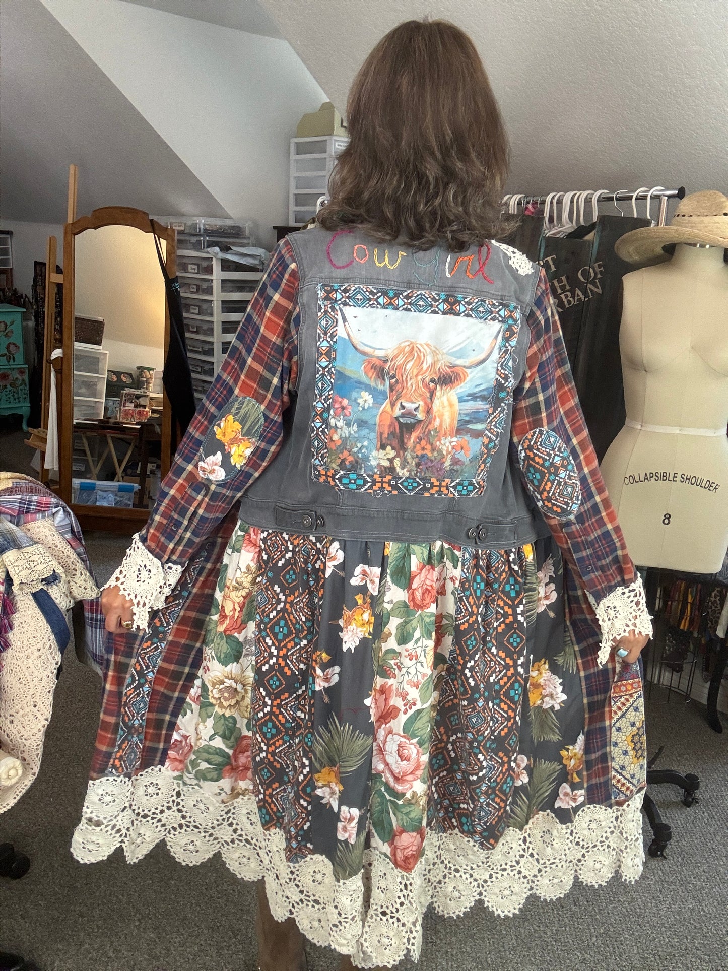 Up-Cycled Denim Jacket, Denim Duster, Long, Highland Cow Applique', Ruffles