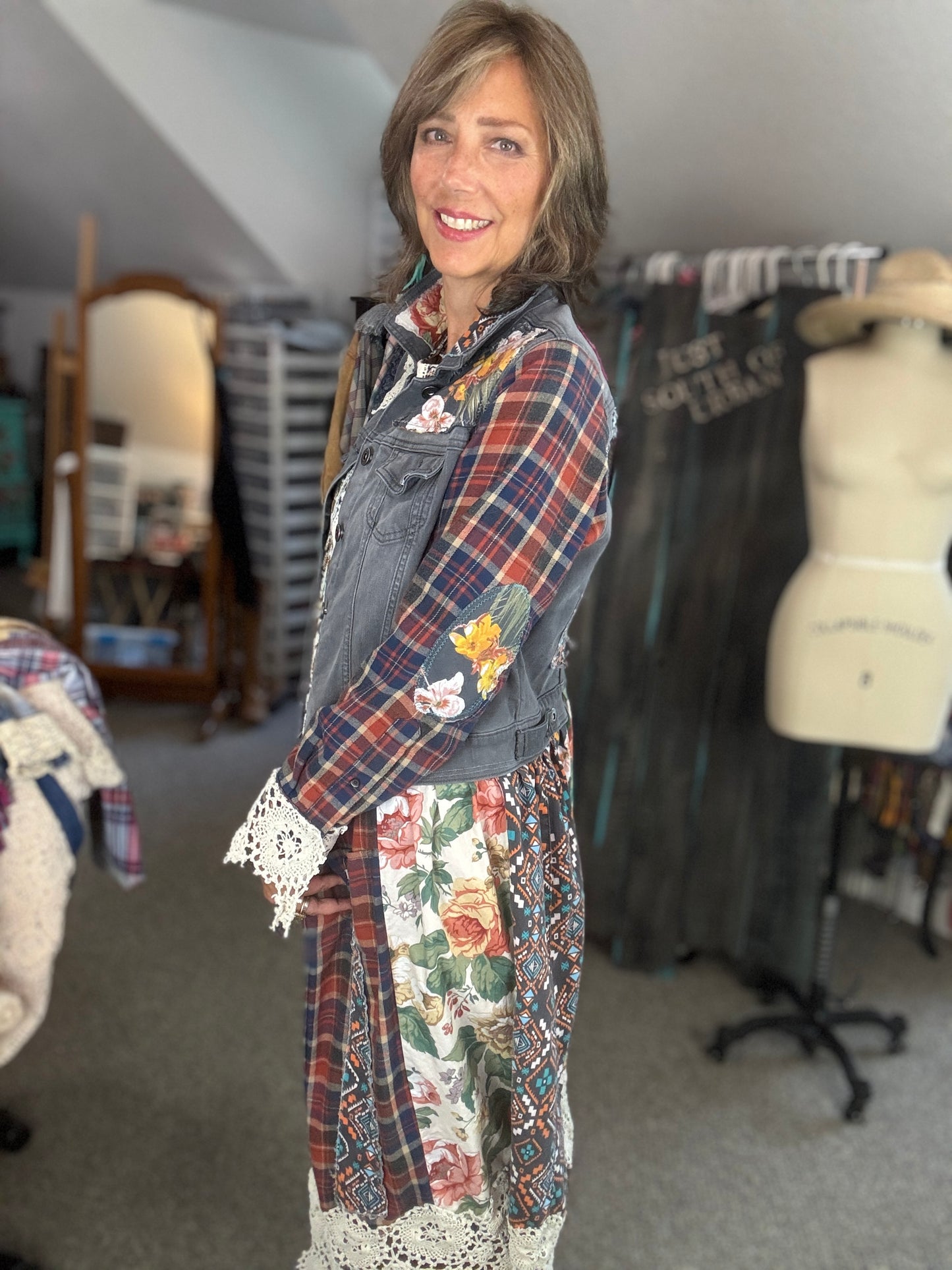 Up-Cycled Denim Jacket, Denim Duster, Long, Highland Cow Applique', Ruffles
