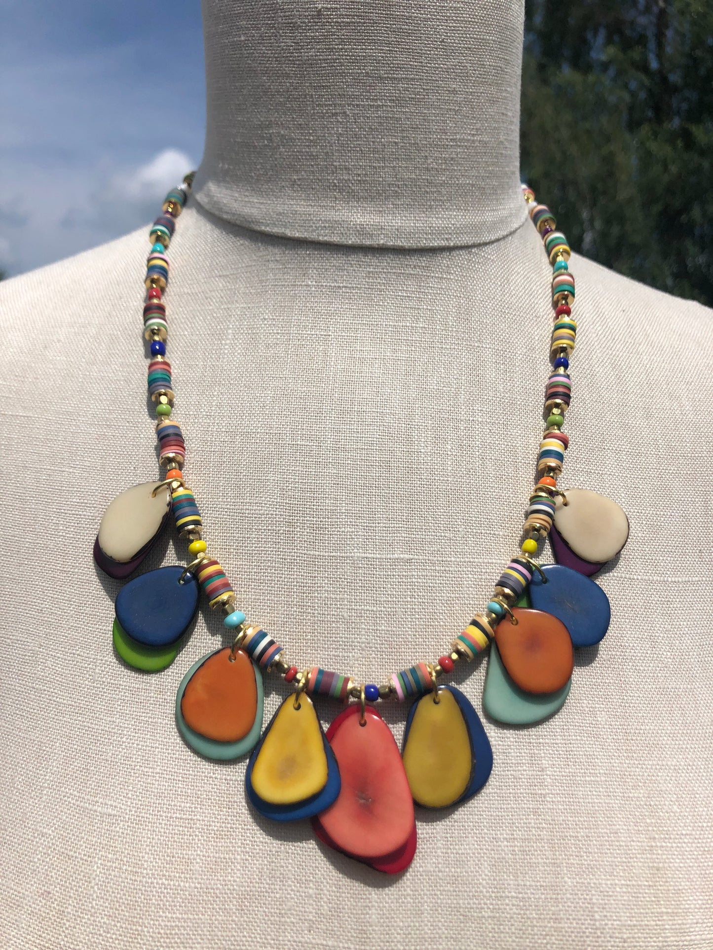 Tagua Nut Necklace, Hand Beaded, Gold Tones, Jewelry