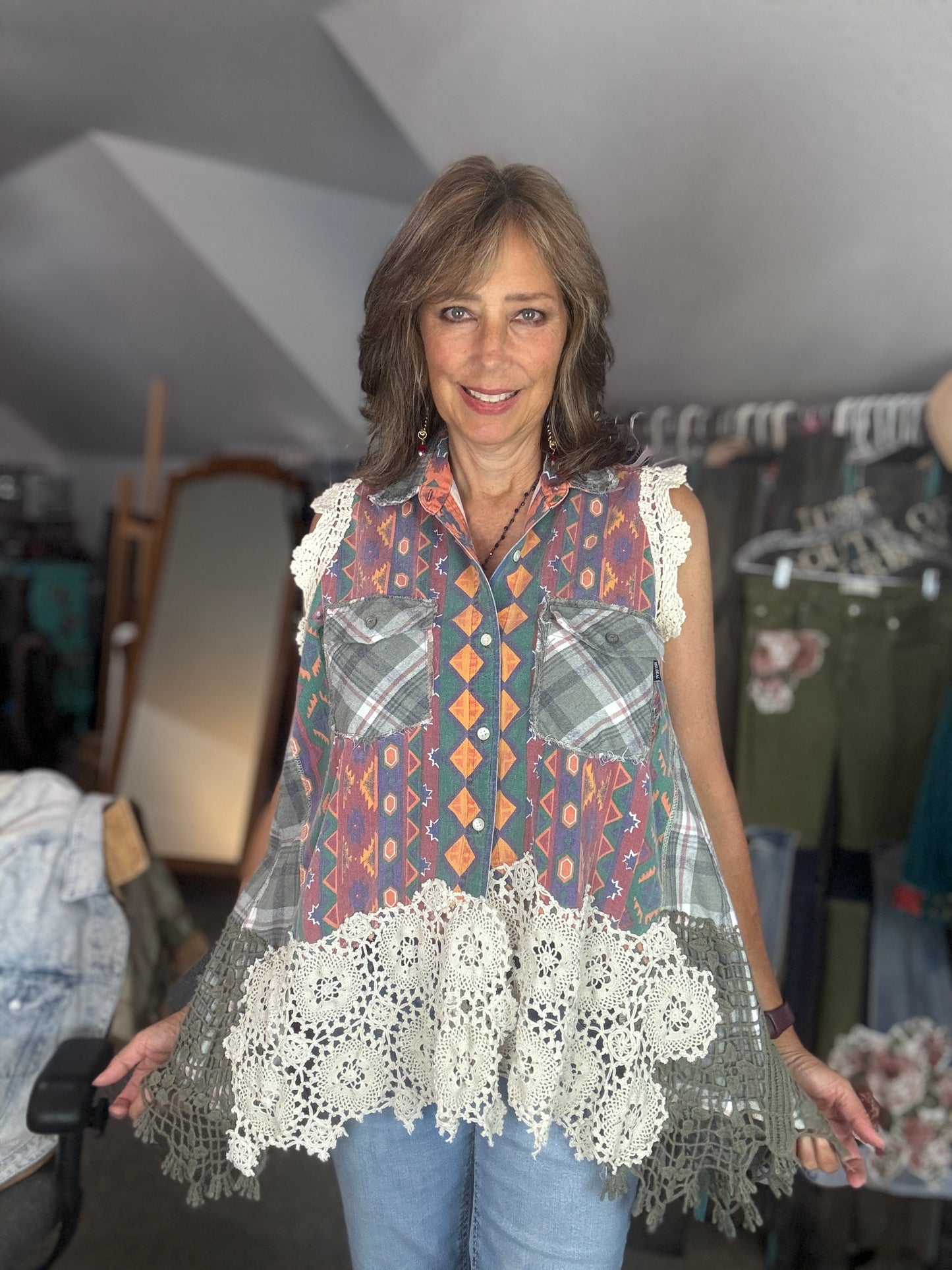 Denim Vest with Lace and Flannel, Muted Fall Colors, Size Medium Large