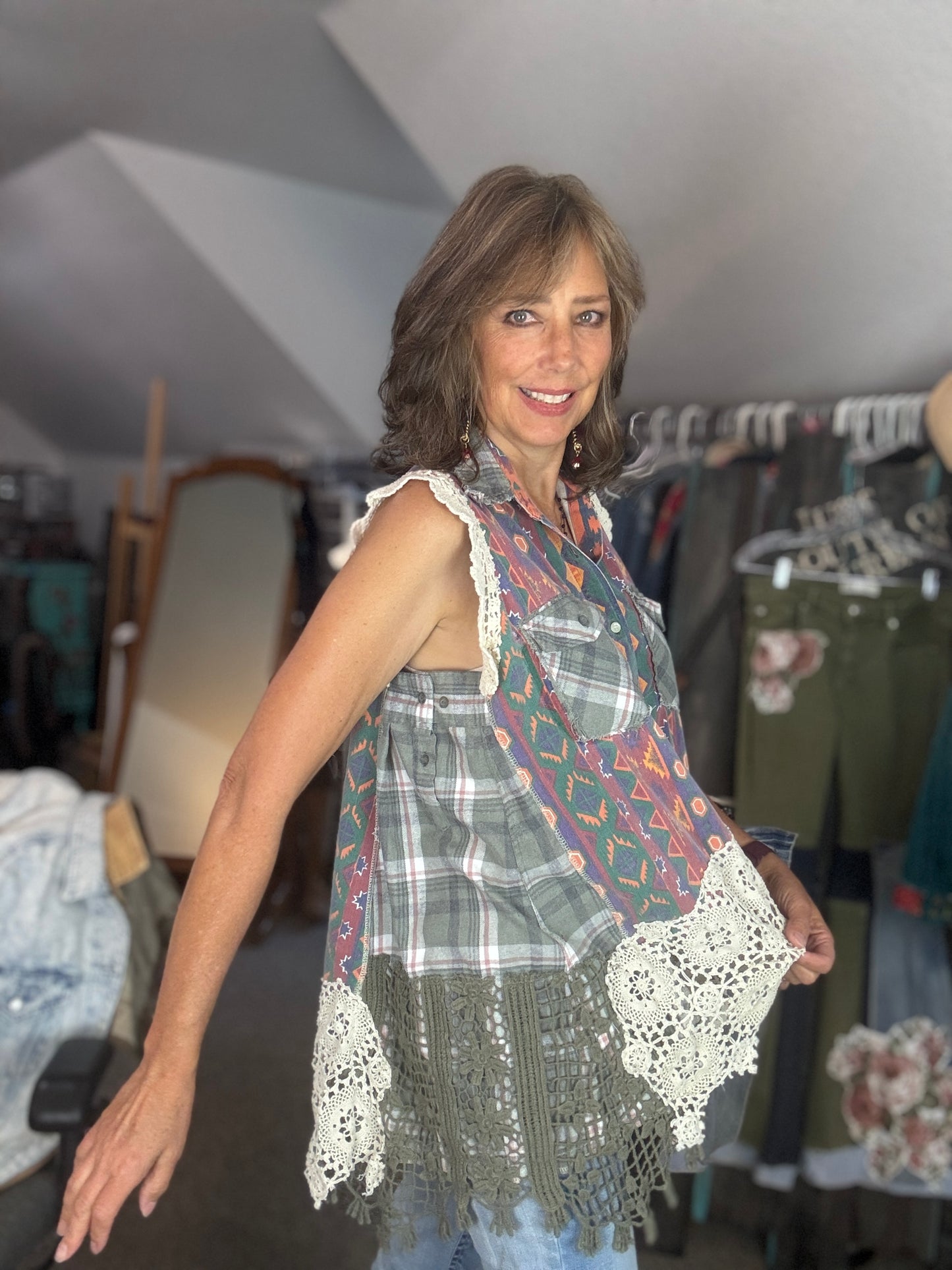 Denim Vest with Lace and Flannel, Muted Fall Colors, Size Medium Large