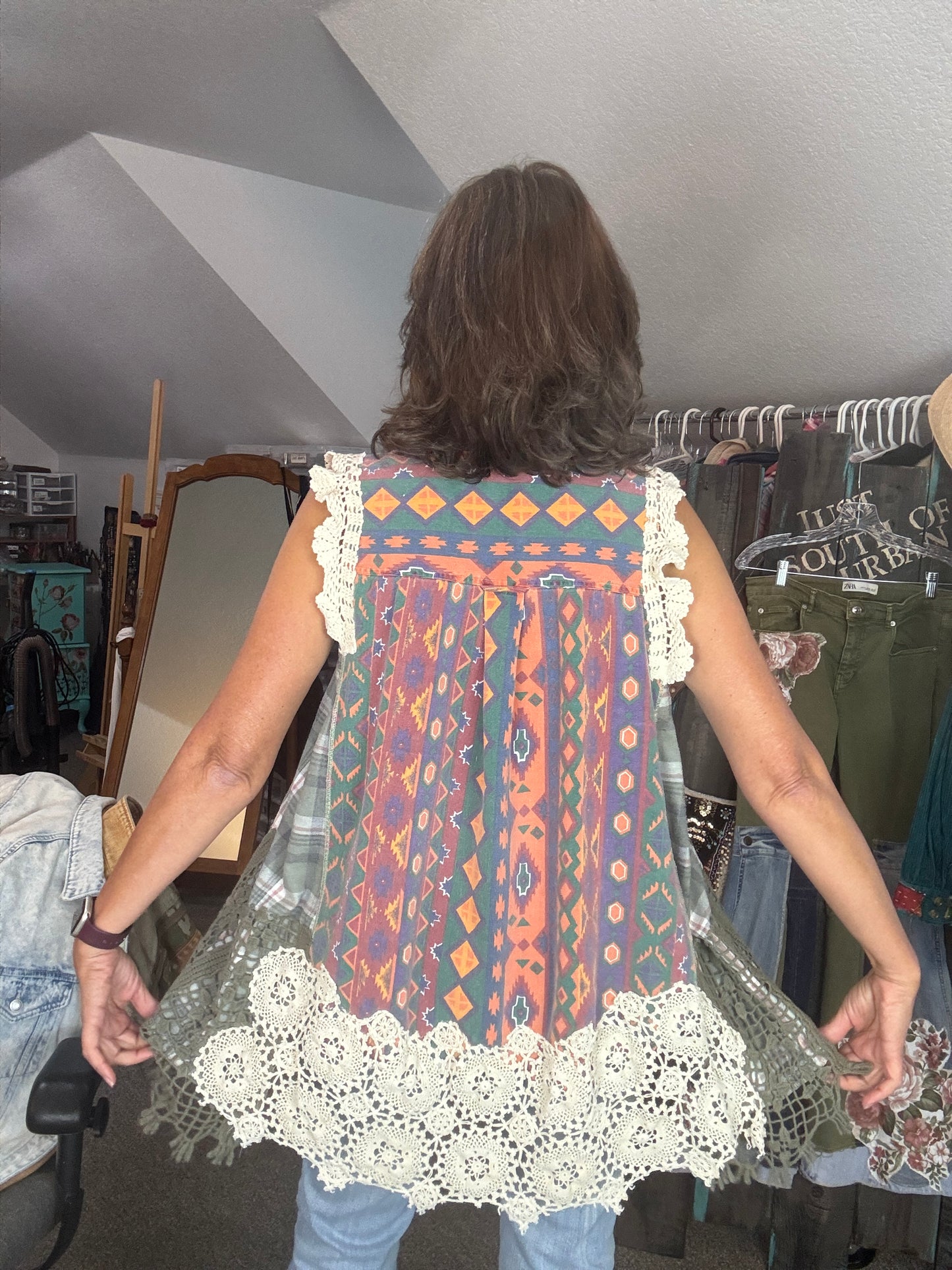 Denim Vest with Lace and Flannel, Muted Fall Colors, Size Medium Large