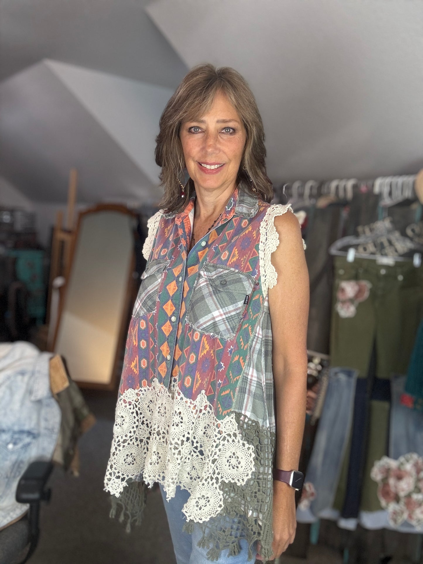 Denim Vest with Lace and Flannel, Muted Fall Colors, Size Medium Large