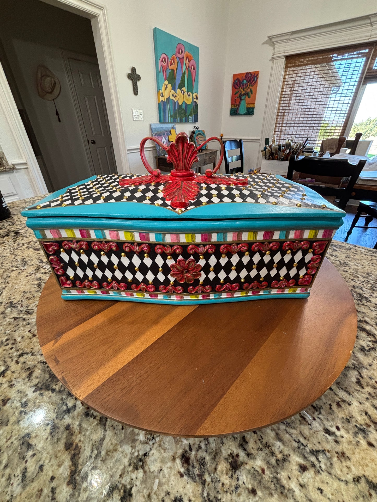 Jewelry Box, Coffee Table Top Box, Bi-Level, Black and White Diamond, Ornate Gold Studs