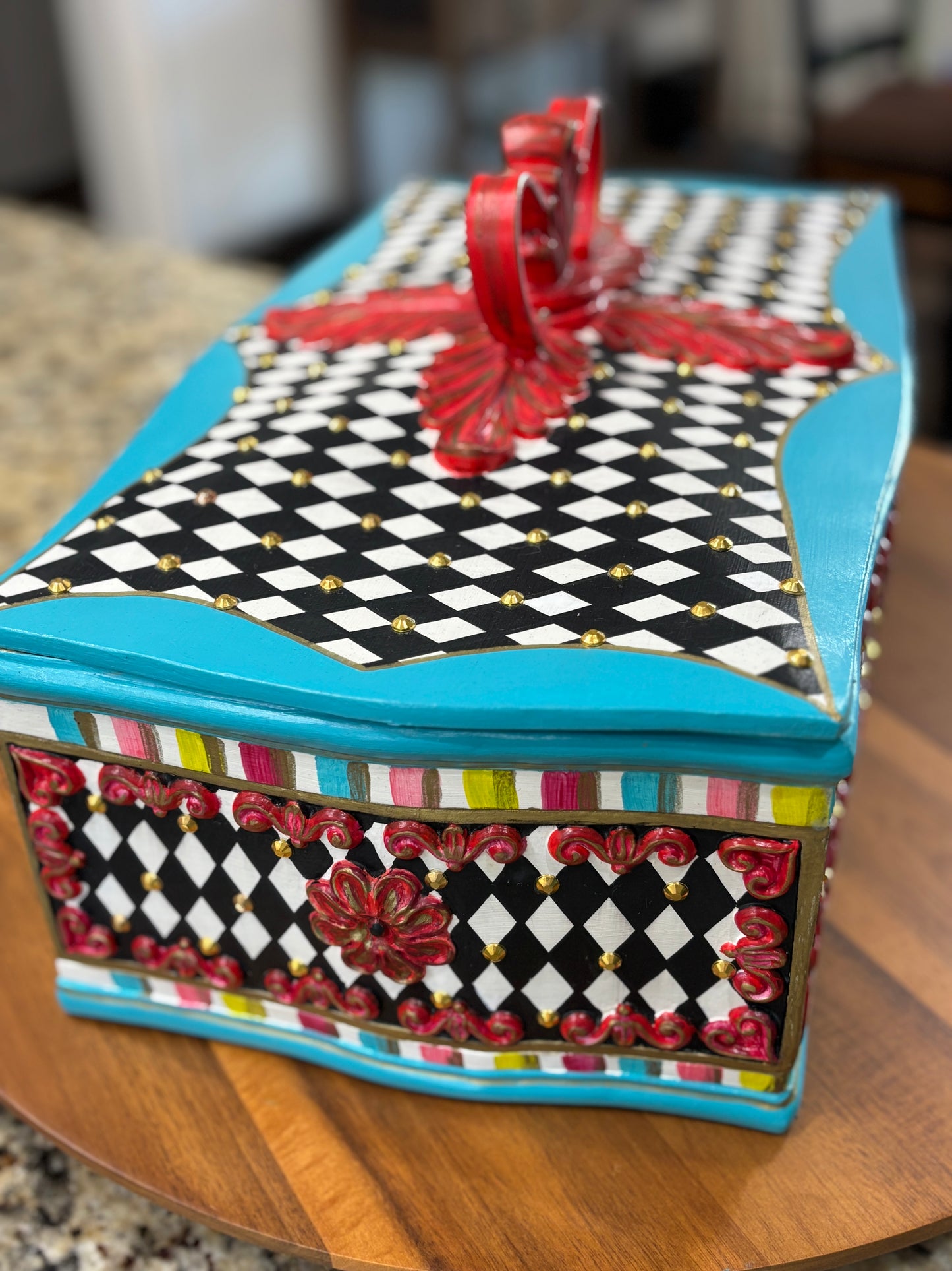 Jewelry Box, Coffee Table Top Box, Bi-Level, Black and White Diamond, Ornate Gold Studs