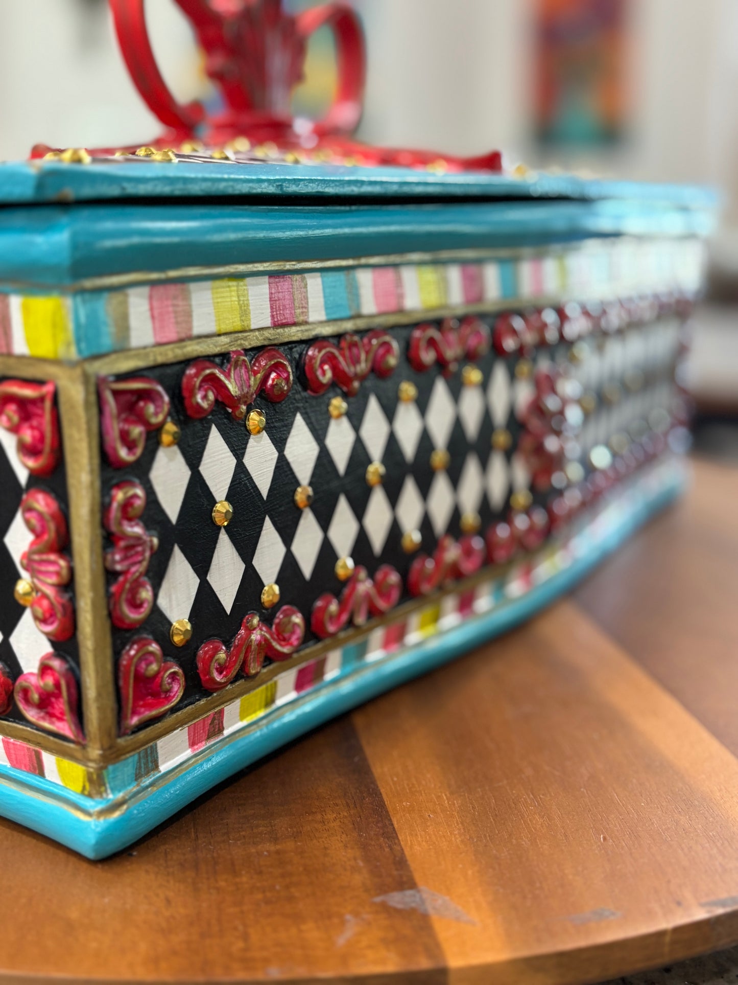 Jewelry Box, Coffee Table Top Box, Bi-Level, Black and White Diamond, Ornate Gold Studs