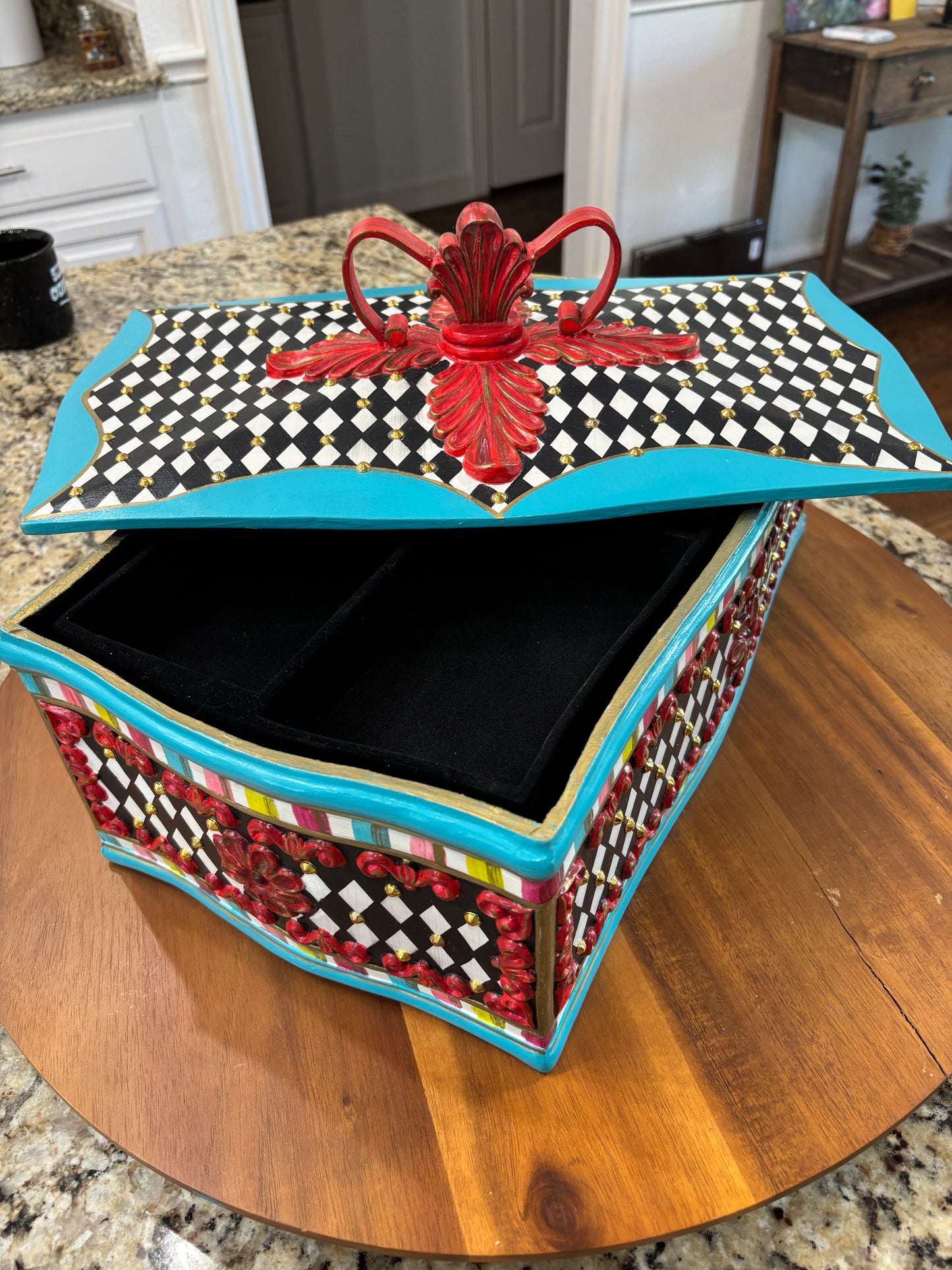 Jewelry Box, Coffee Table Top Box, Bi-Level, Black and White Diamond, Ornate Gold Studs