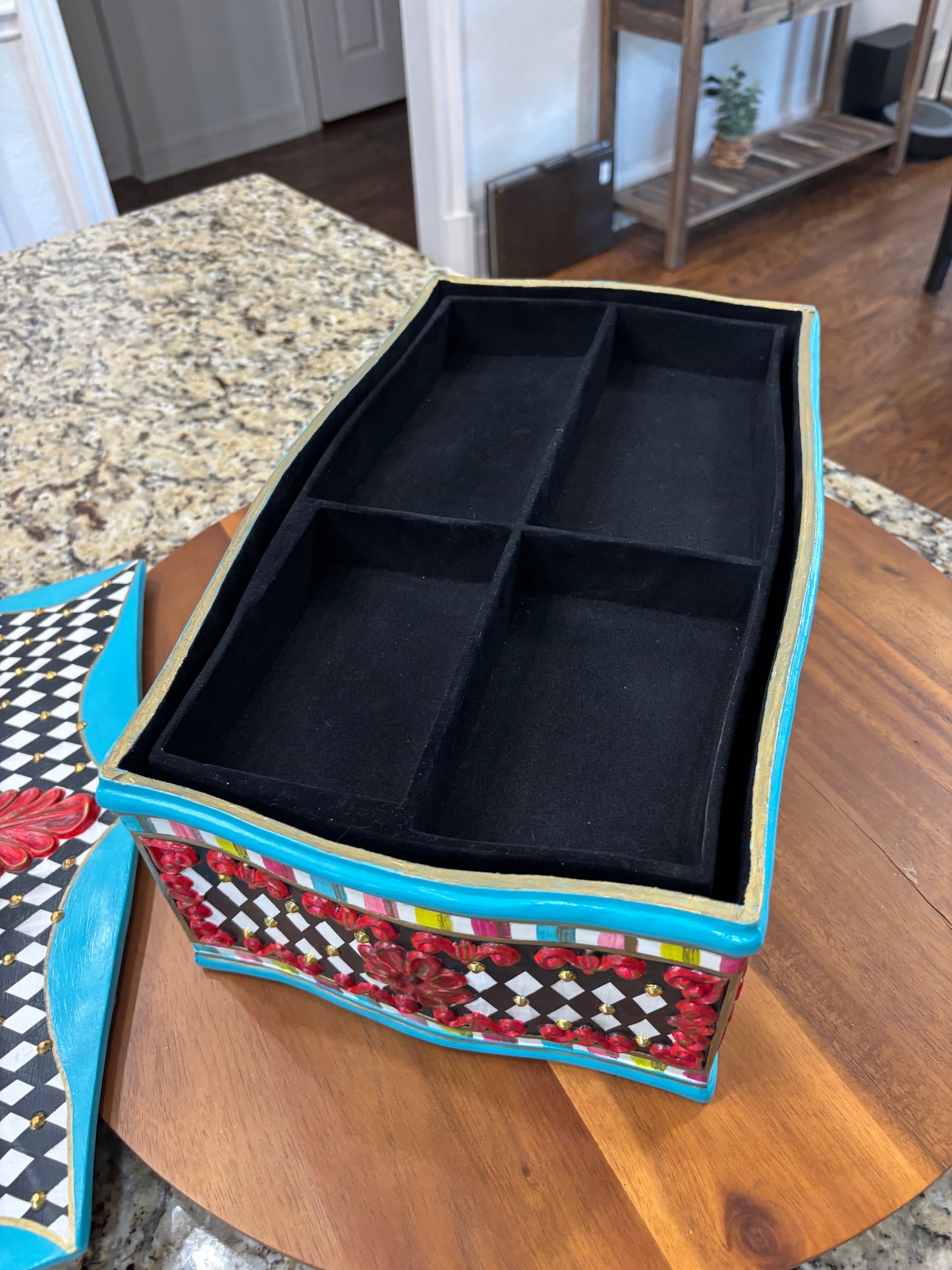 Jewelry Box, Coffee Table Top Box, Bi-Level, Black and White Diamond, Ornate Gold Studs