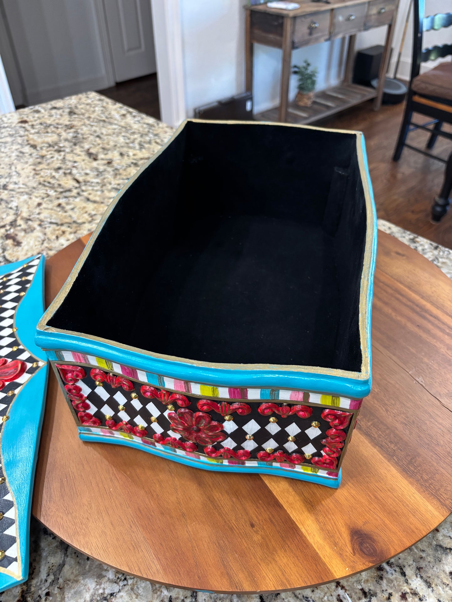 Jewelry Box, Coffee Table Top Box, Bi-Level, Black and White Diamond, Ornate Gold Studs