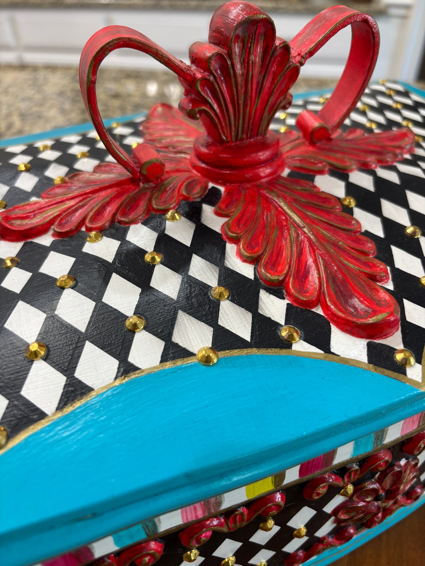 Jewelry Box, Coffee Table Top Box, Bi-Level, Black and White Diamond, Ornate Gold Studs