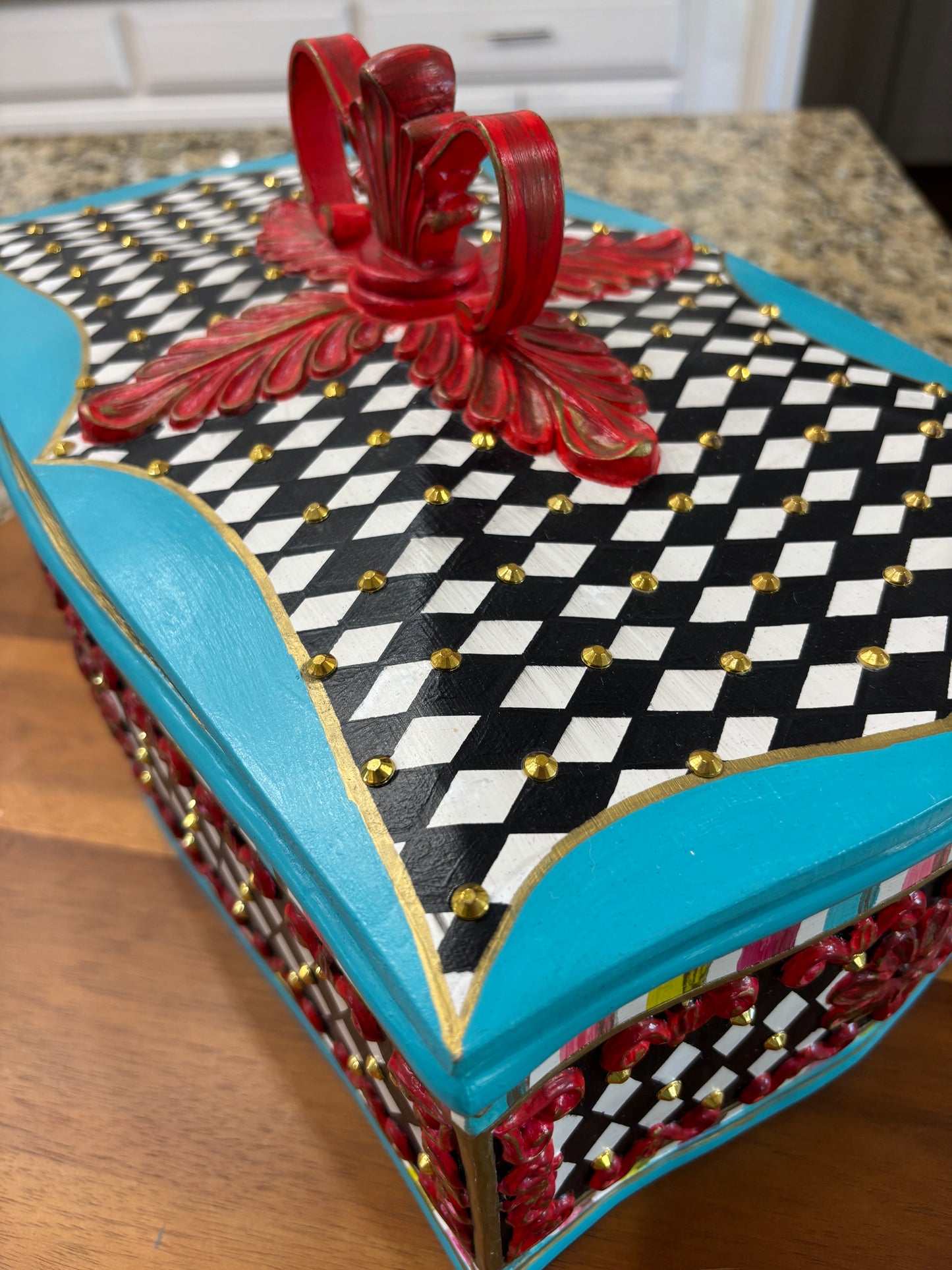 Jewelry Box, Coffee Table Top Box, Bi-Level, Black and White Diamond, Ornate Gold Studs