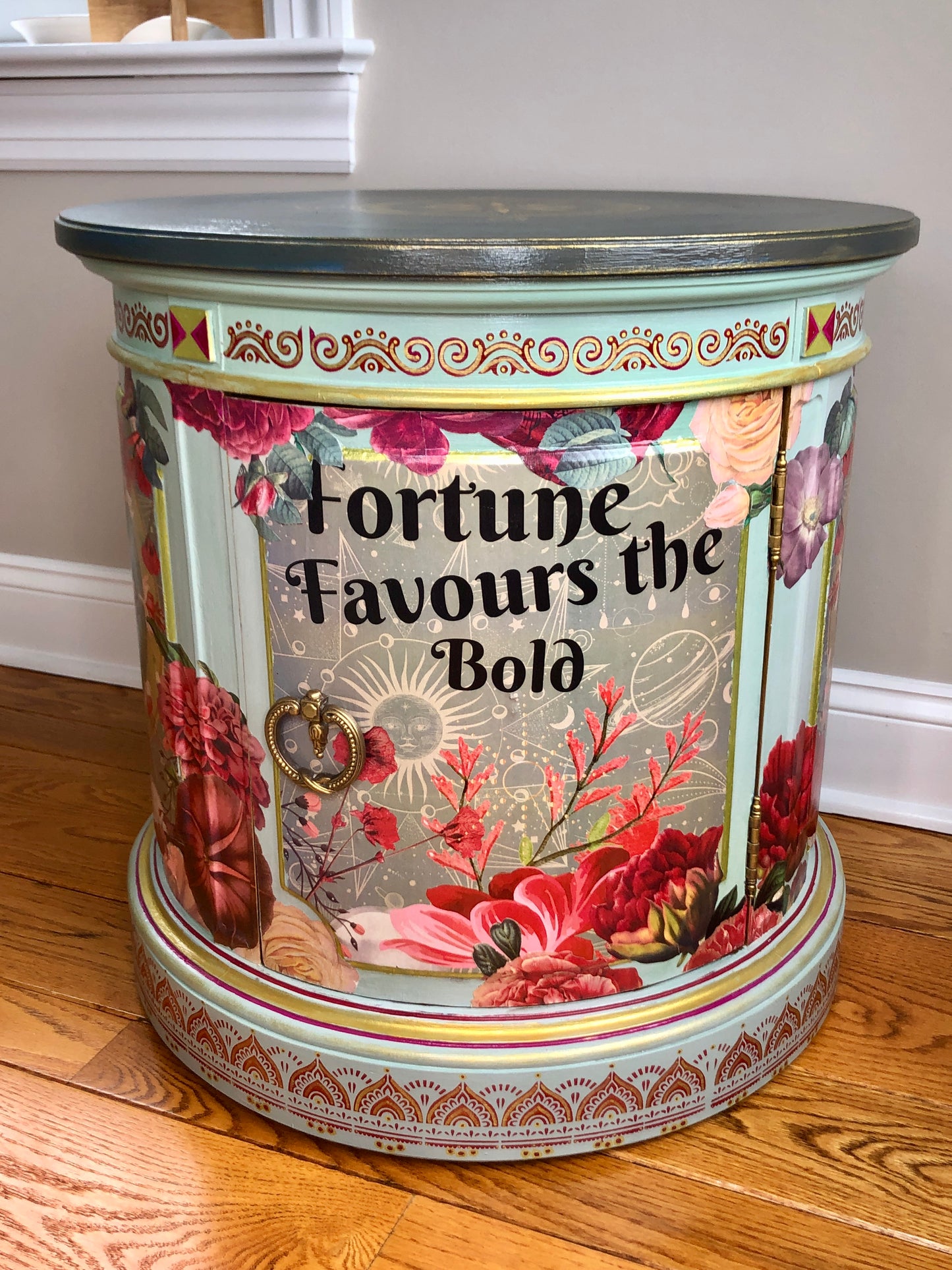 Fortune Favors the Bold! Hand Painted and Decoupaged End Table, Non-Toxic, Plastic Free Paint, Crystal Ball, Fortune Teller, Art Deco