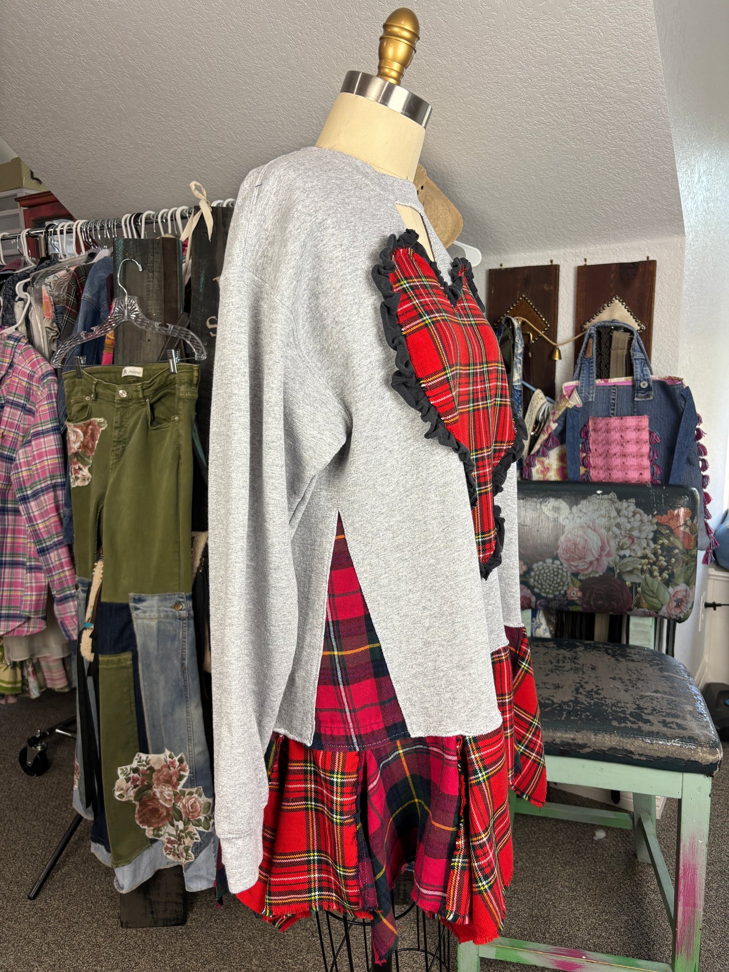 Up-cycled Sweat Shirt Gray, Tunic Style, Short Dress, Size Medium