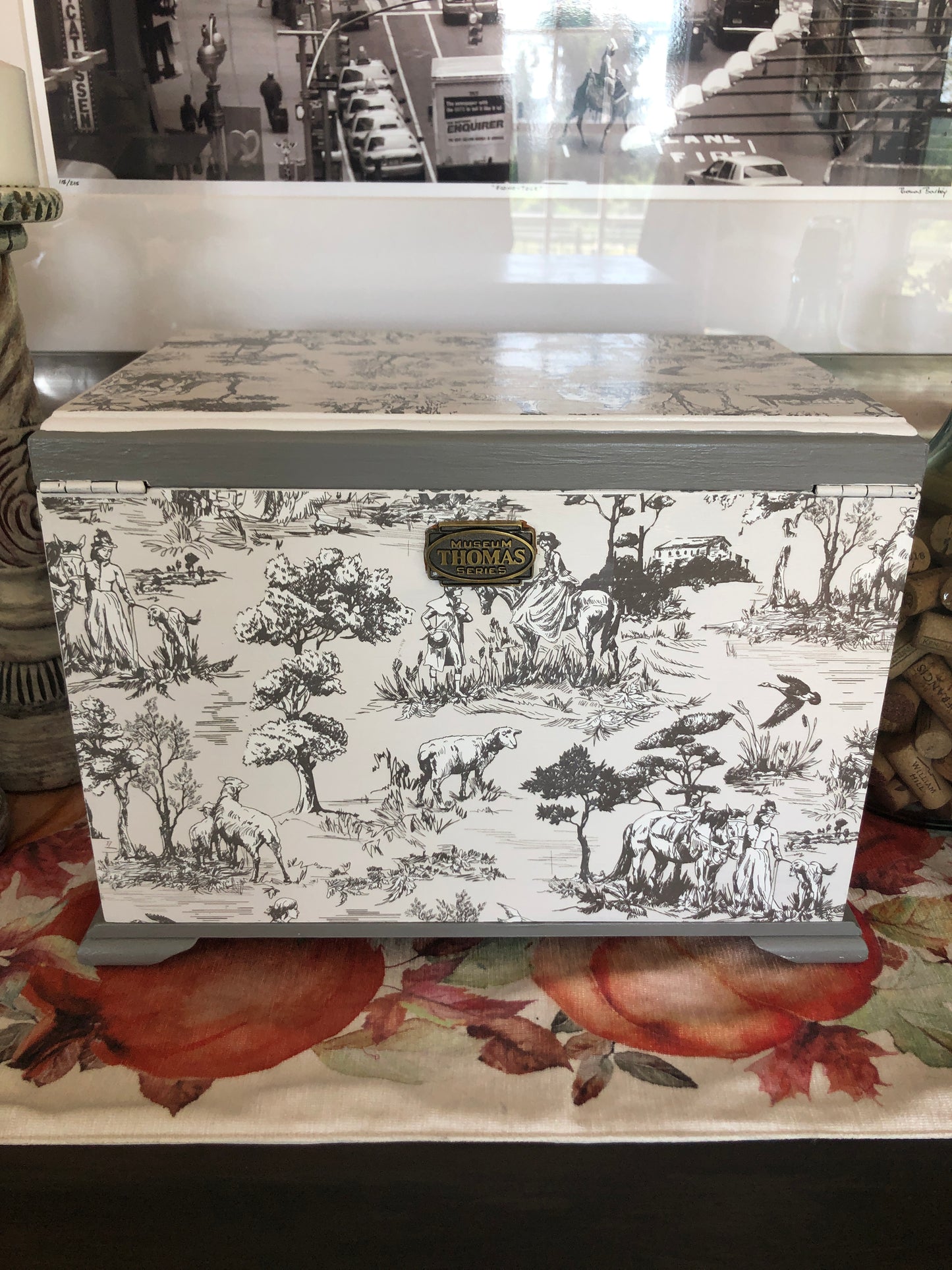 French Country Toile Jewelry Box, Thomas Museum Series, Table Top, Hand Painted, Gray and White, Vintage, European