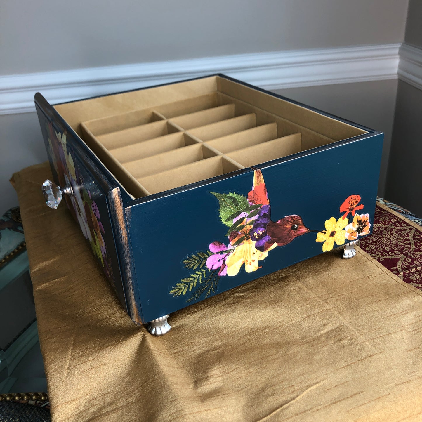 Blue Orchid Grab and Go Jewelry Tray, Small Table Top Floral, Jewelry Organizer, Blue and Beige, Jewelry Box