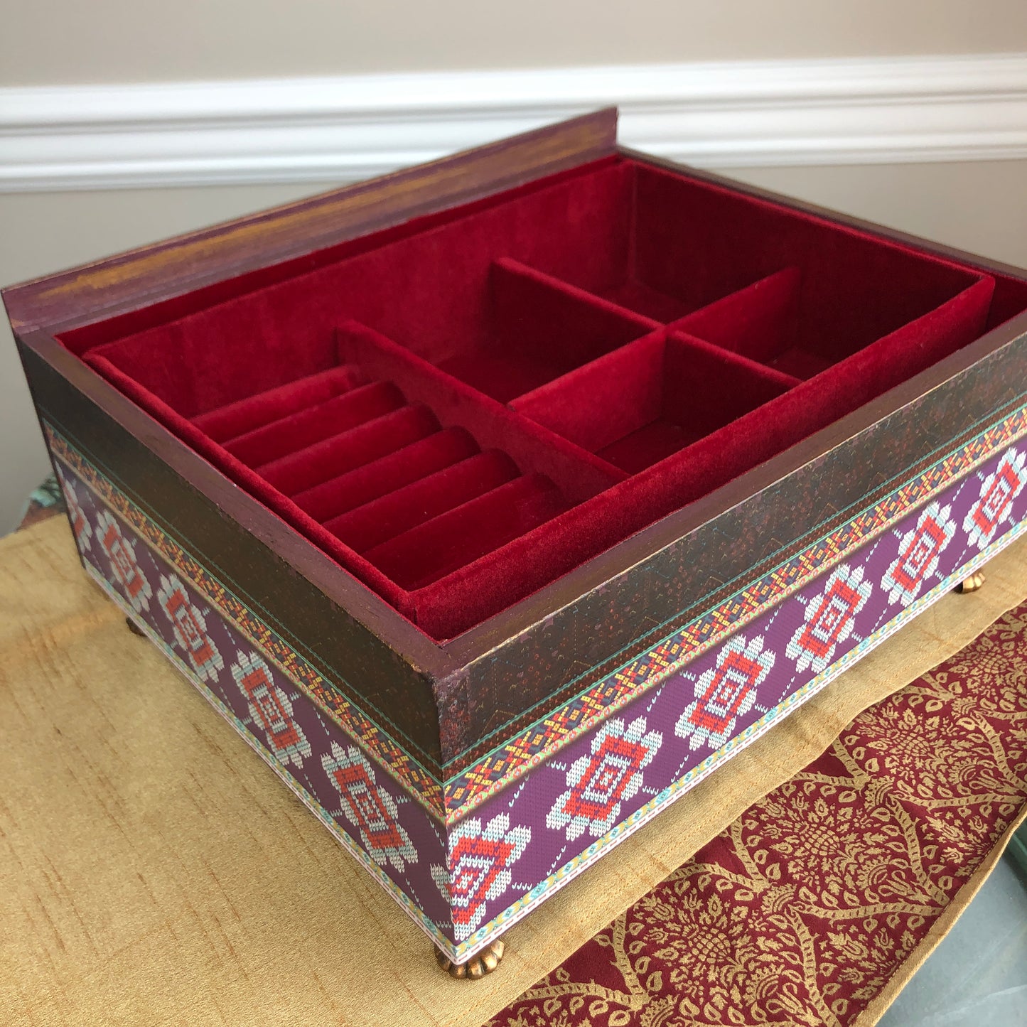Bohemian Plum Floral Jewelry Box, Jewelry Tray, Small Table Top, Jewelry Organizer, Red Velvet