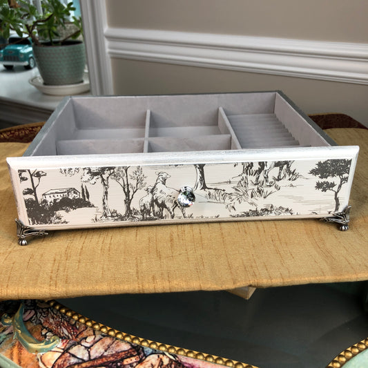 Elegant Countryside Toile Jewelry Box, Jewelry Tray, Small Table Top, Jewelry Organizer, Gray and White