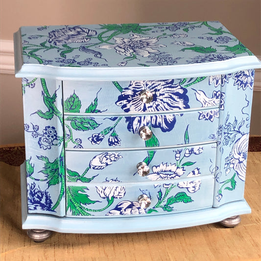 Indigo Floral Jewelry Box, Hand Painted, Shades of Blue, Green and White
