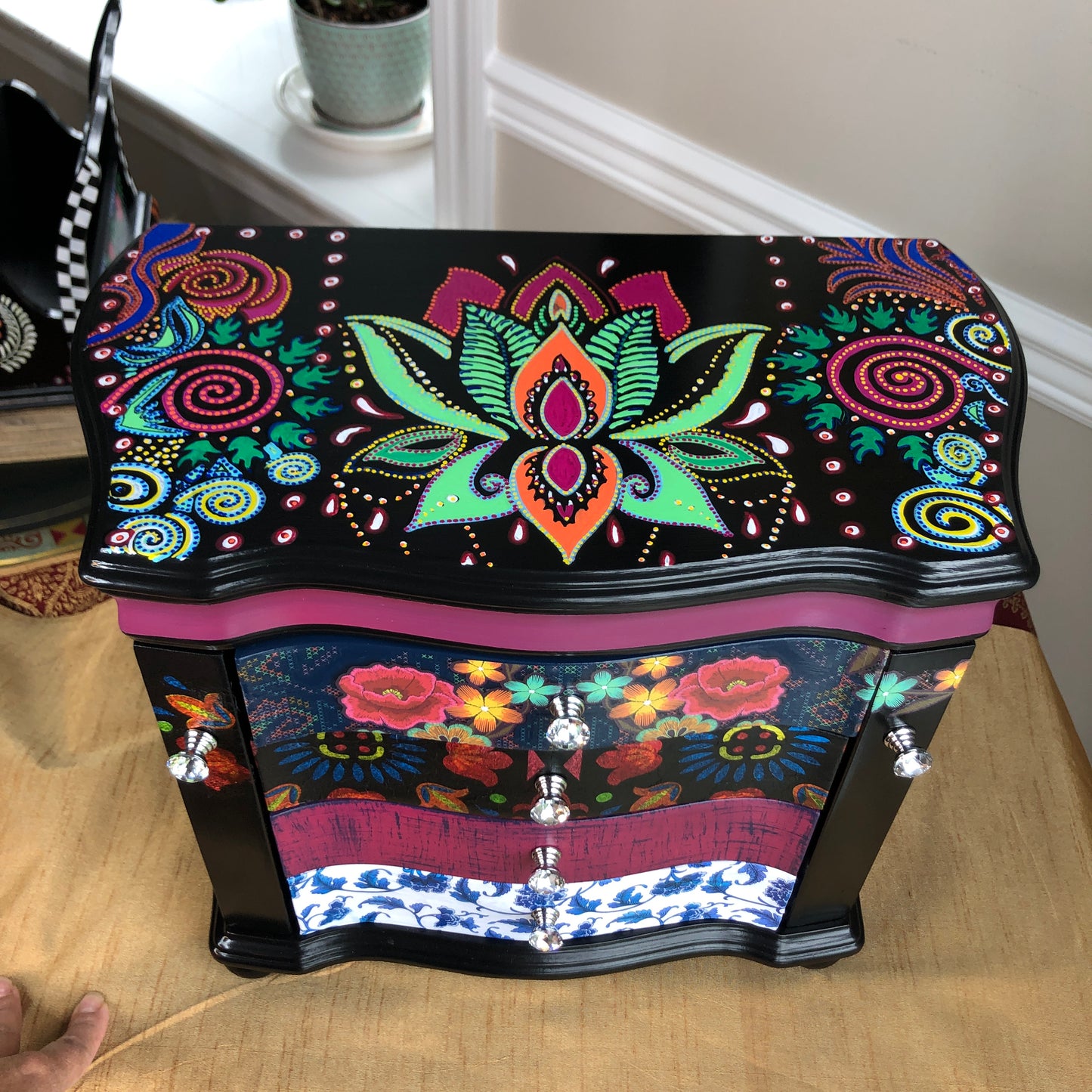 Bohemian Hand Painted Jewelry Box, Black and Multi Color