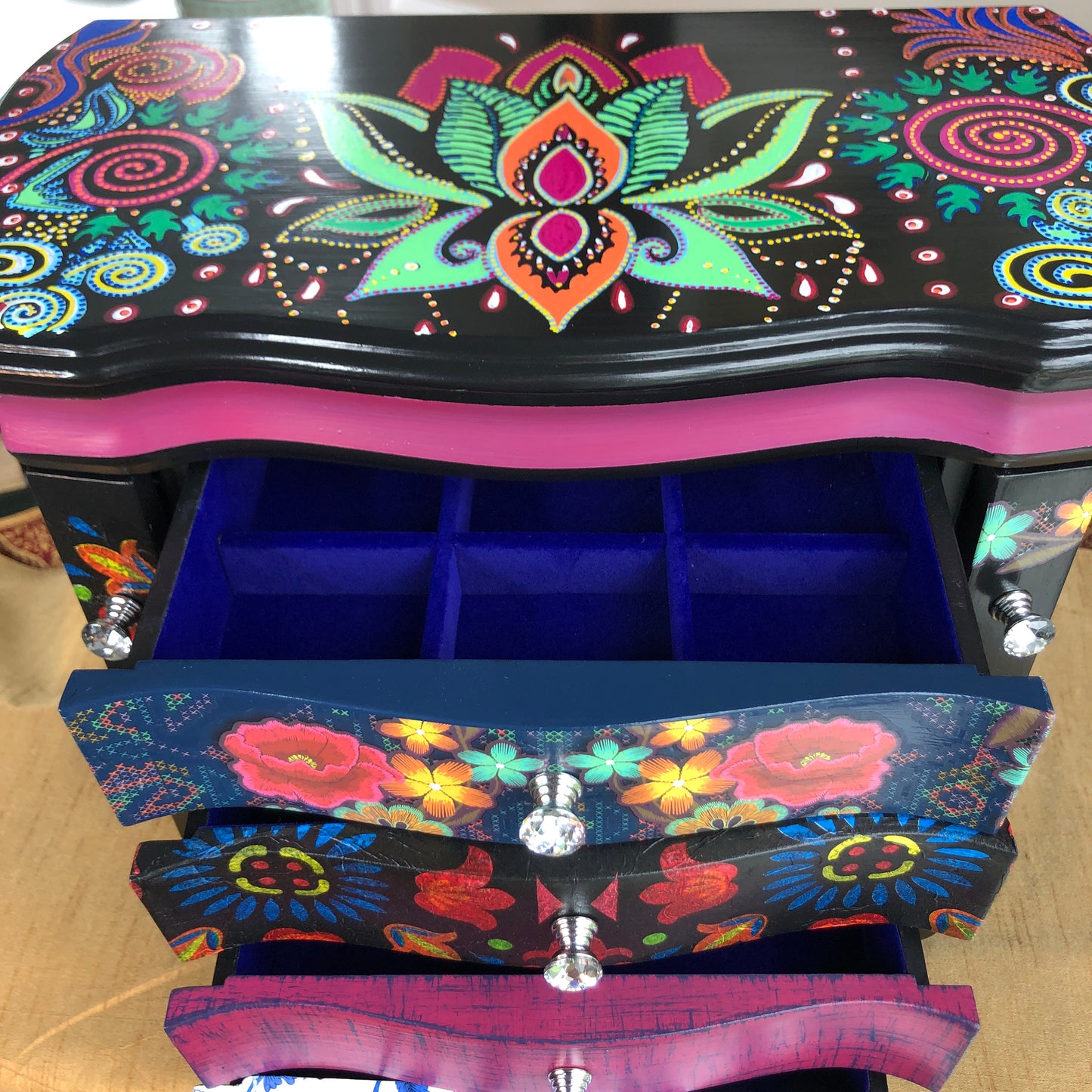 Bohemian Hand Painted Jewelry Box, Black and Multi Color
