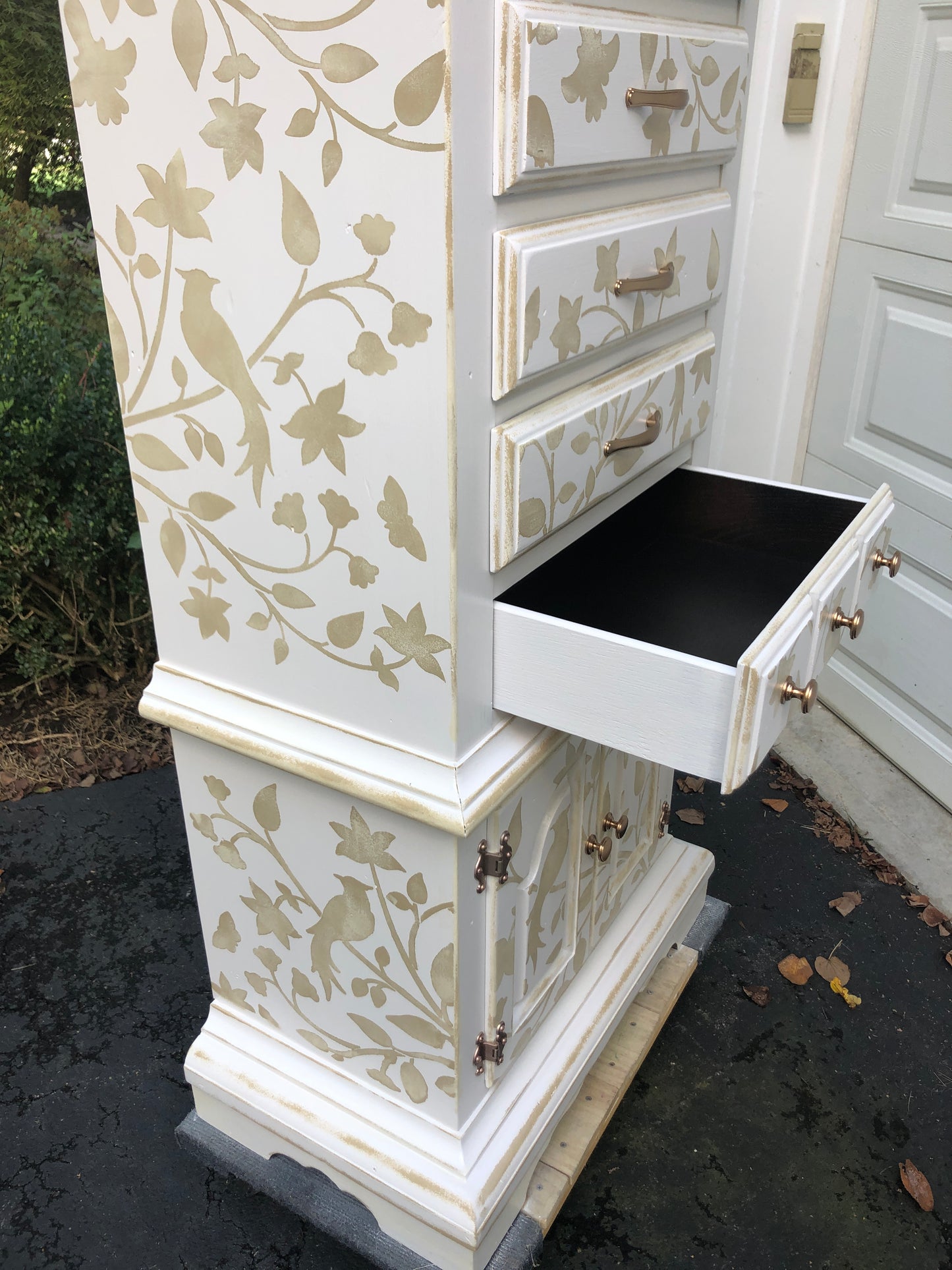 Folk Art Tall Chest of Drawers with Velvet Lined Jewelry Tray, White and Sand Colors