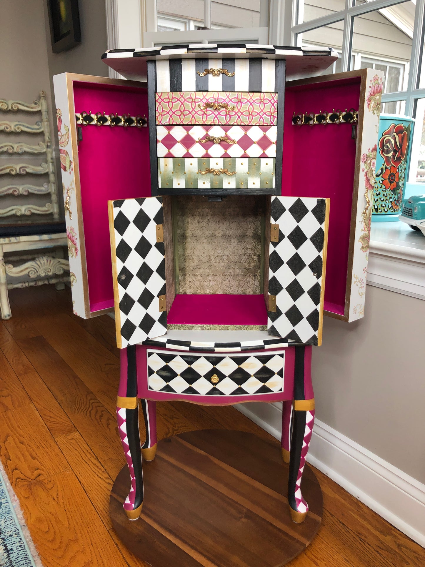 Whimsical, Harlequin Diamonds and Boho Paisley, Pink and Green and Black, Checked Patterned Jewelry Armoire
