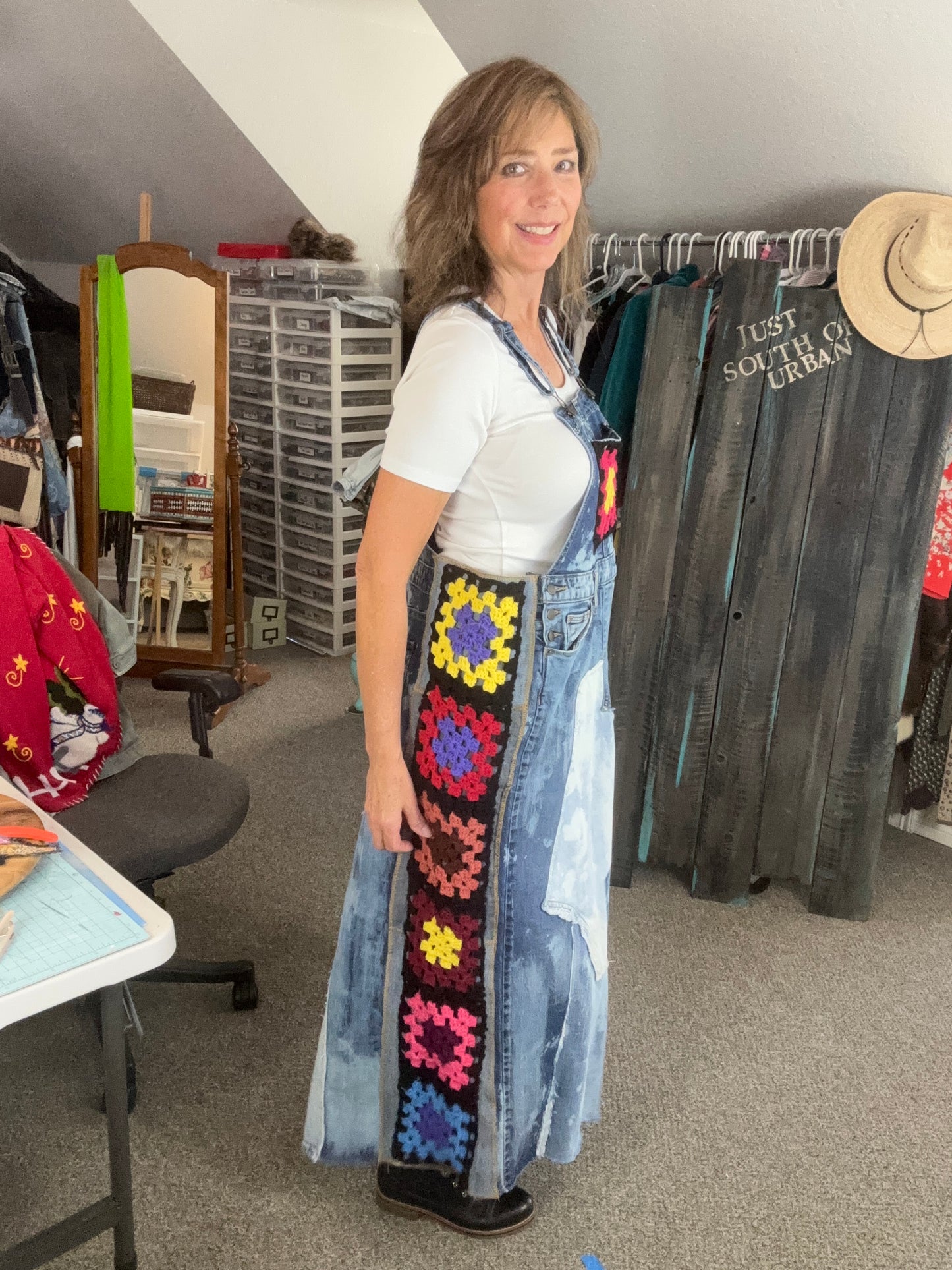 Up-Cycled Denim Over-Alls with Vintage Granny Square Art Size Large/X-tra Large