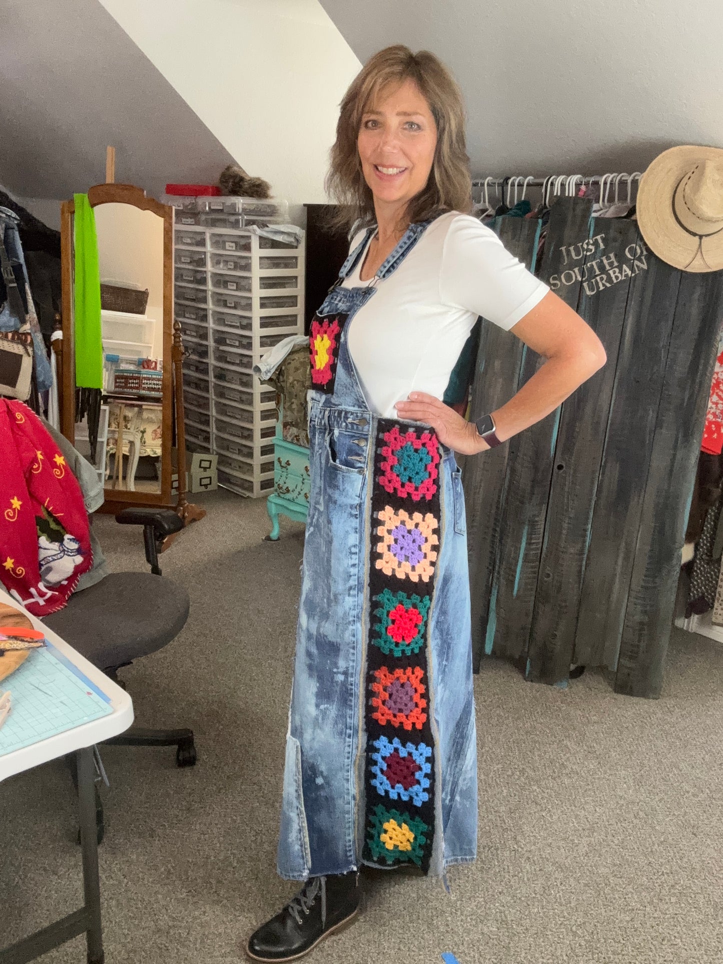 Up-Cycled Denim Over-Alls with Vintage Granny Square Art Size Large/X-tra Large