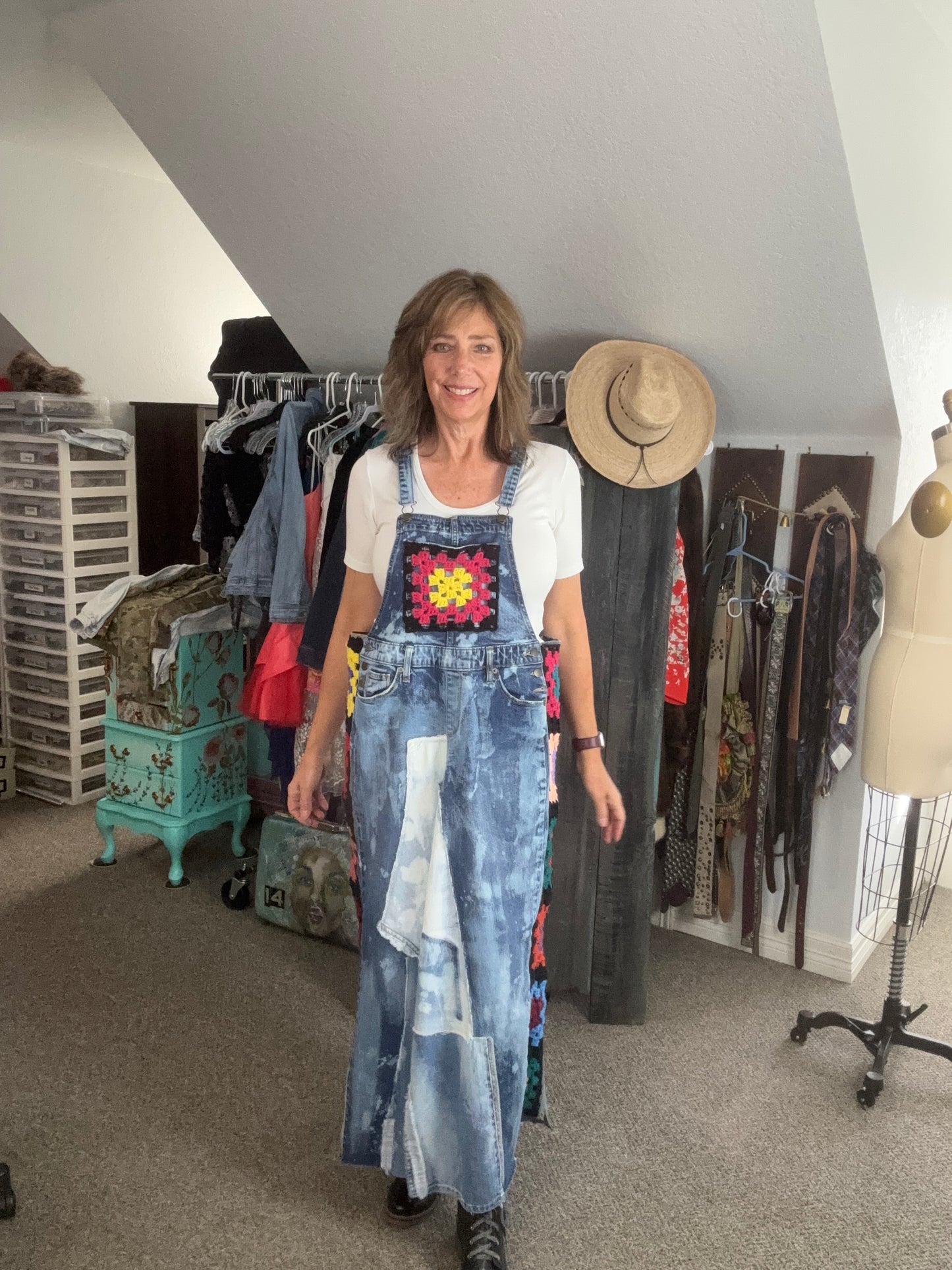 Up-Cycled Denim Over-Alls with Vintage Granny Square Art Size Large/X-tra Large